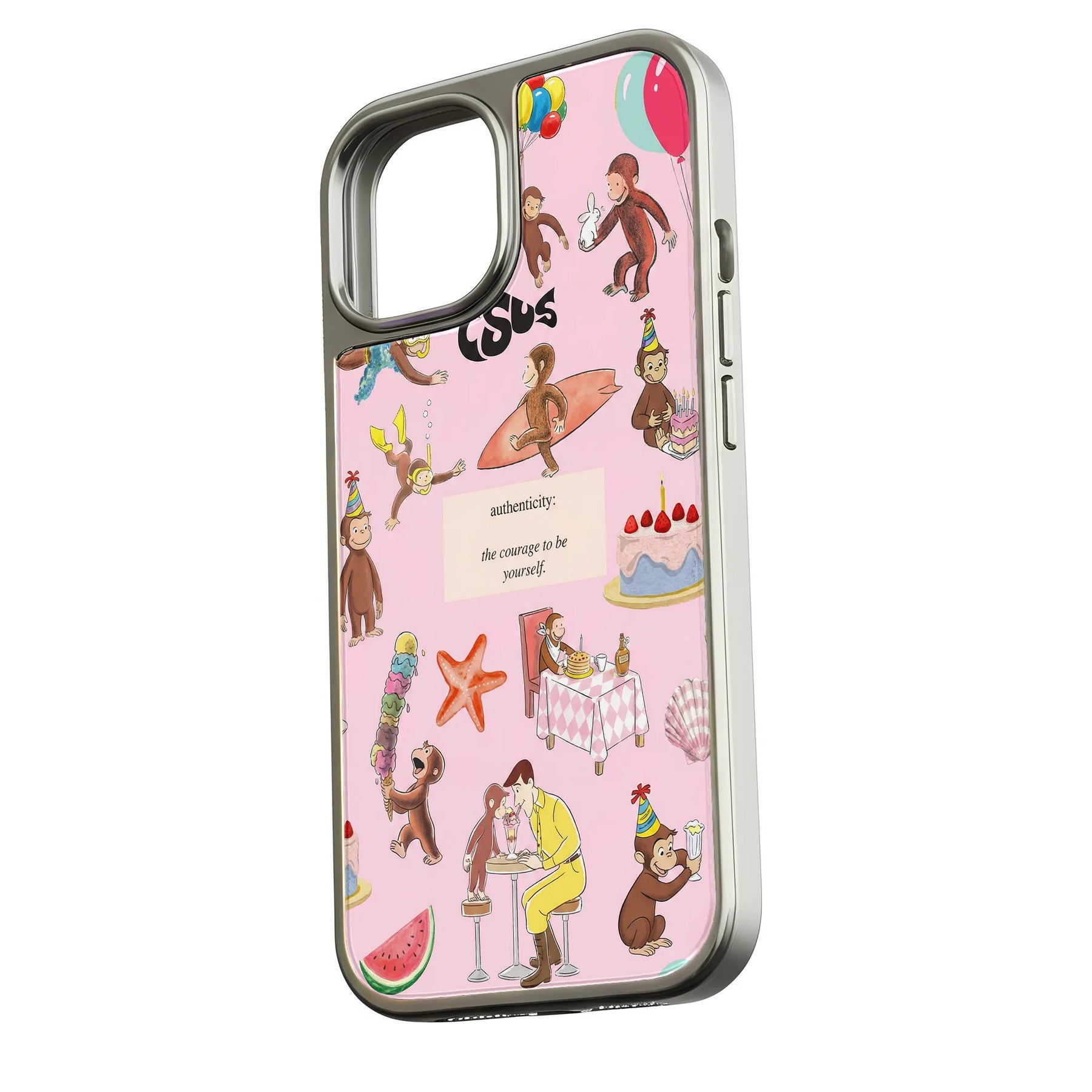 Funda holográfica cromada con diseño de mono curioso: divertida y colorida