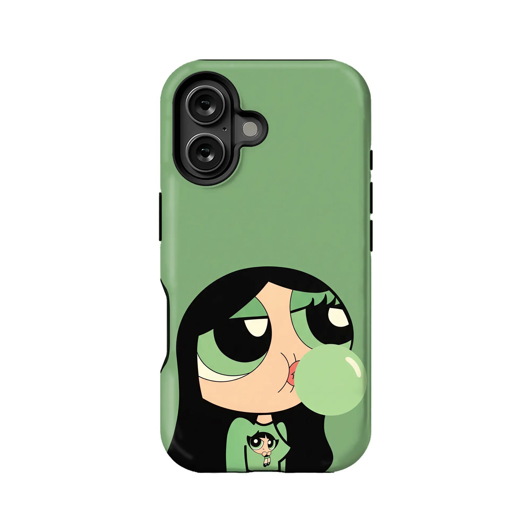 Green cartoon phone case with bubblegum girl design, back view with camera cutout