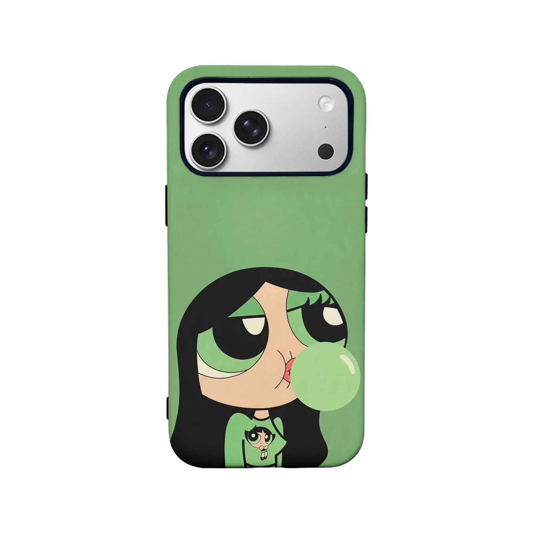 Green cartoon phone case with bubblegum girl design, shown from rear angle