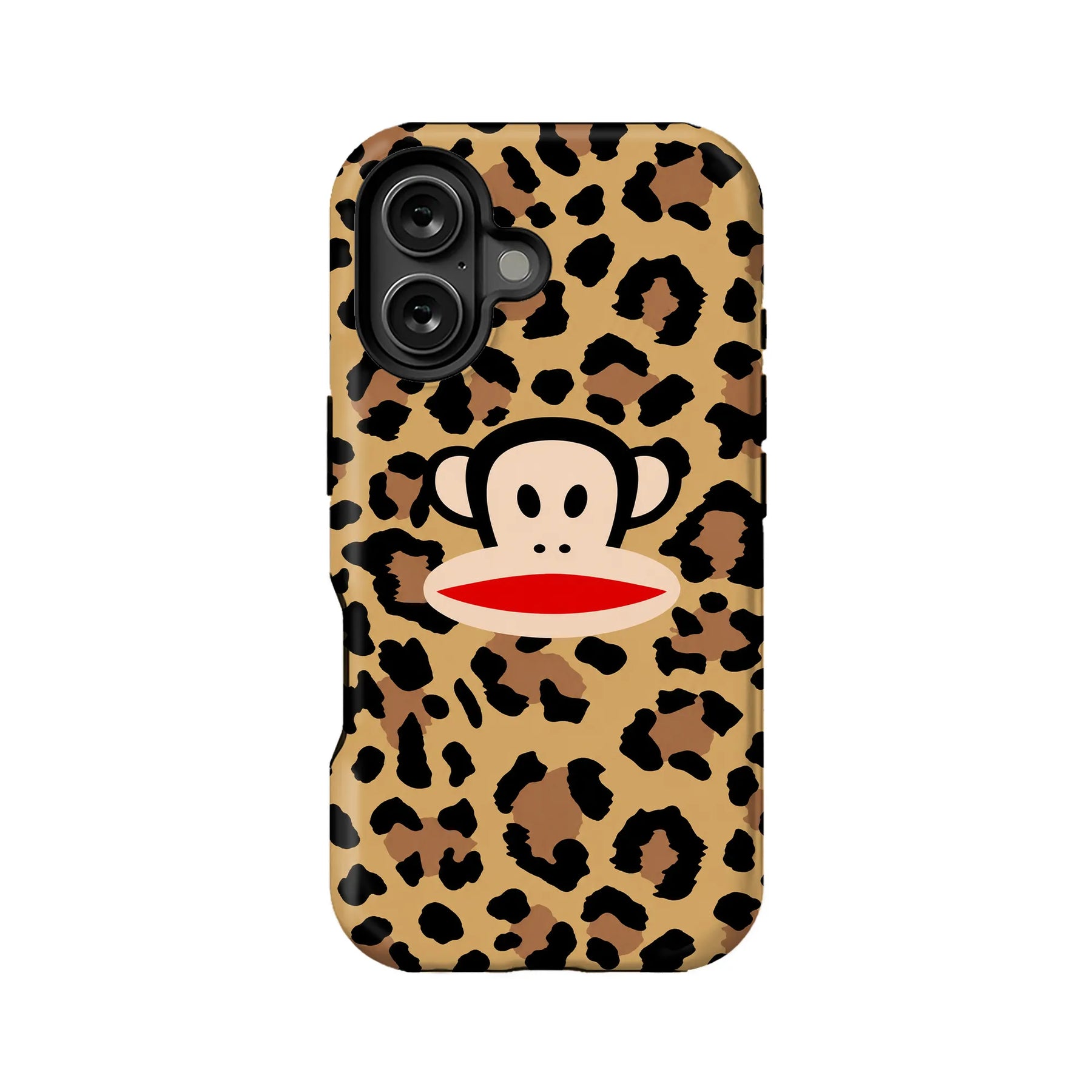 Tan leopard print phone case with cartoon monkey face, rear product angle