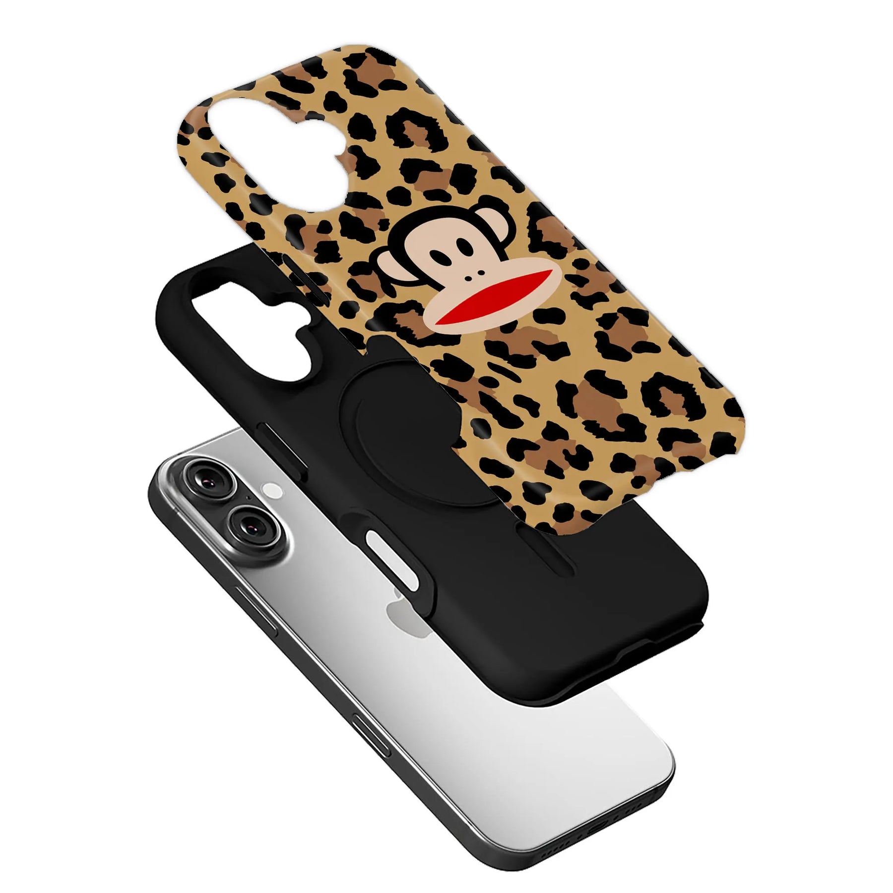 Tan leopard print monkey face phone case shown angled above black inner shell