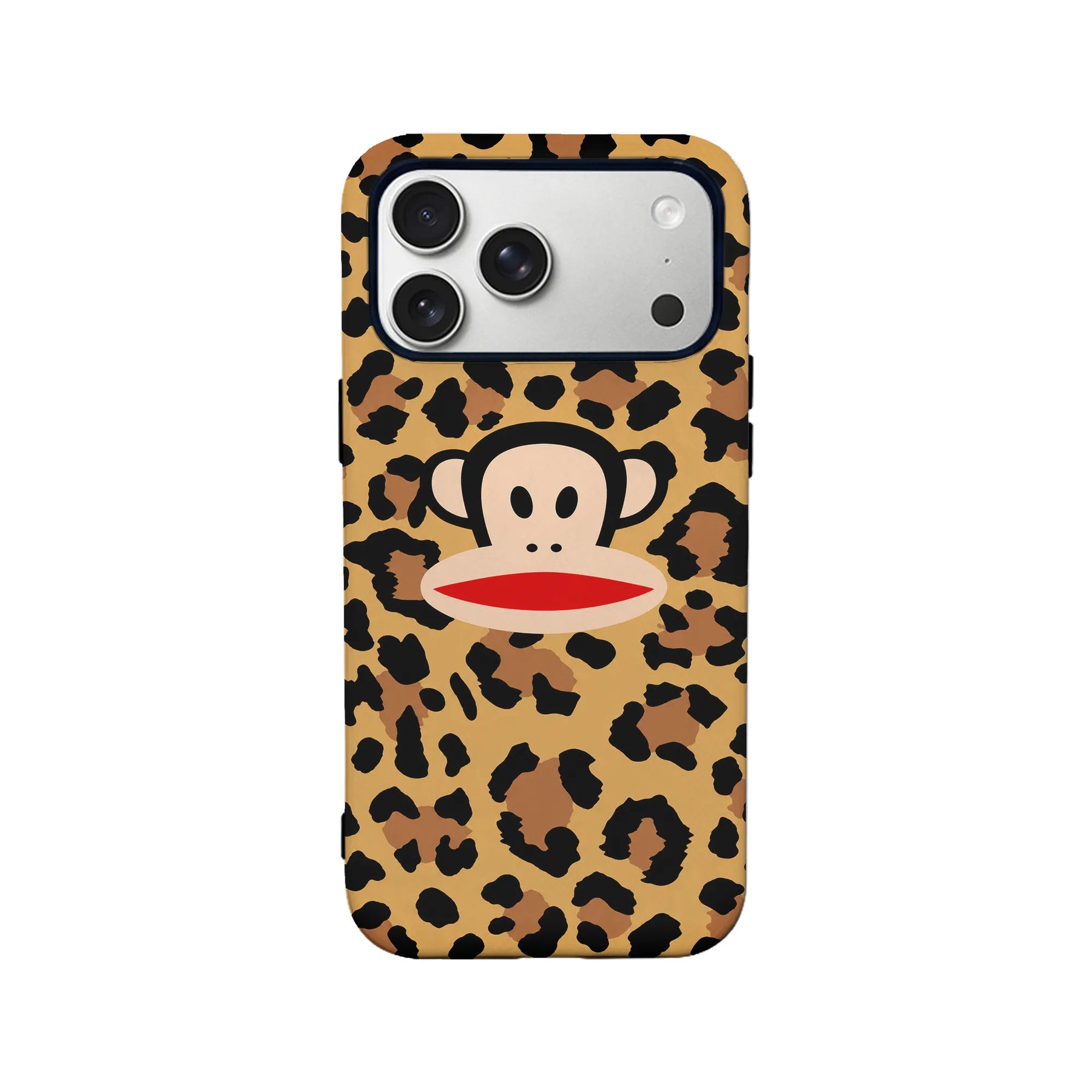 Tan leopard print monkey phone case shown from rear with camera cutout