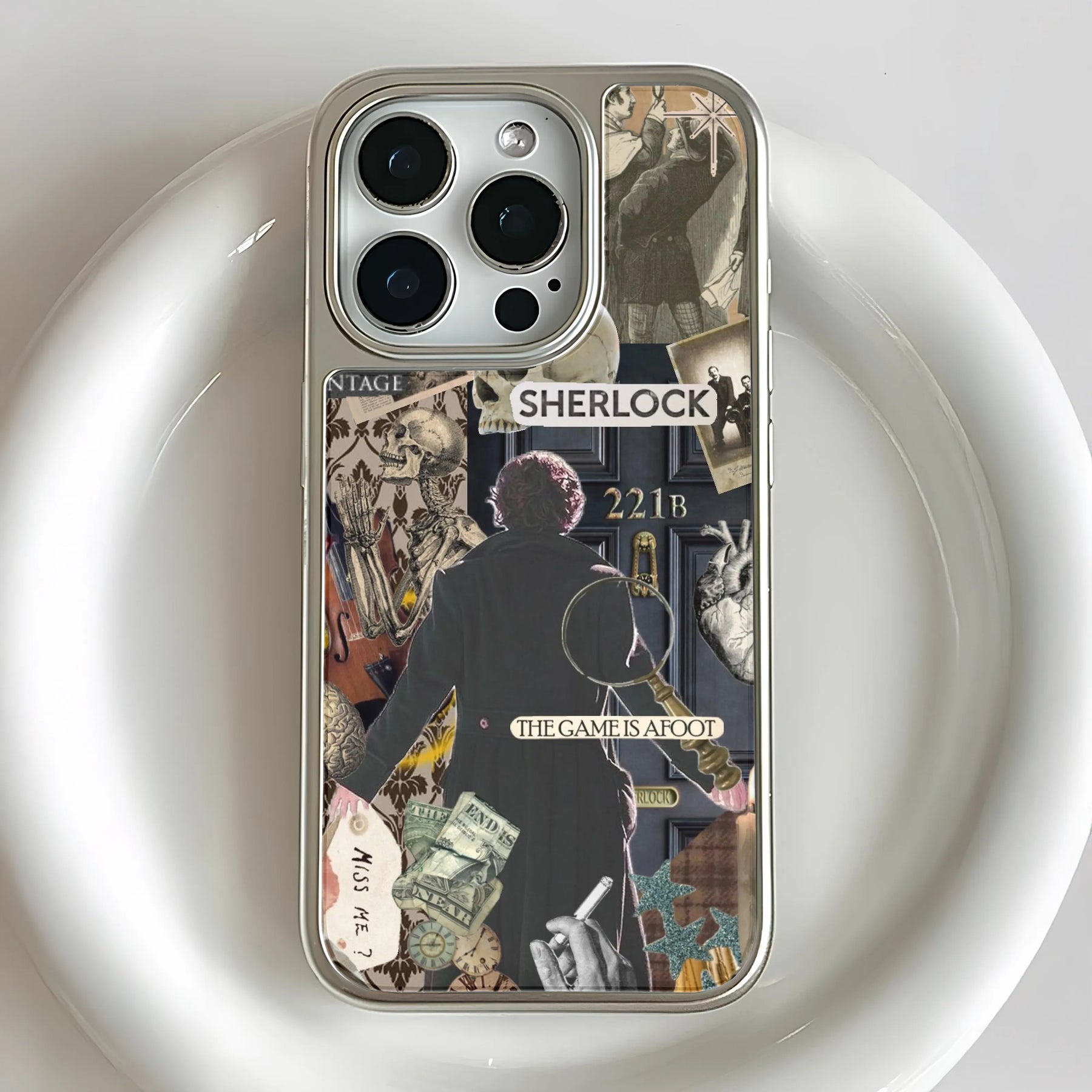 Funda holográfica cromada Sherlock para teléfono: estética vintage con diseño 221B