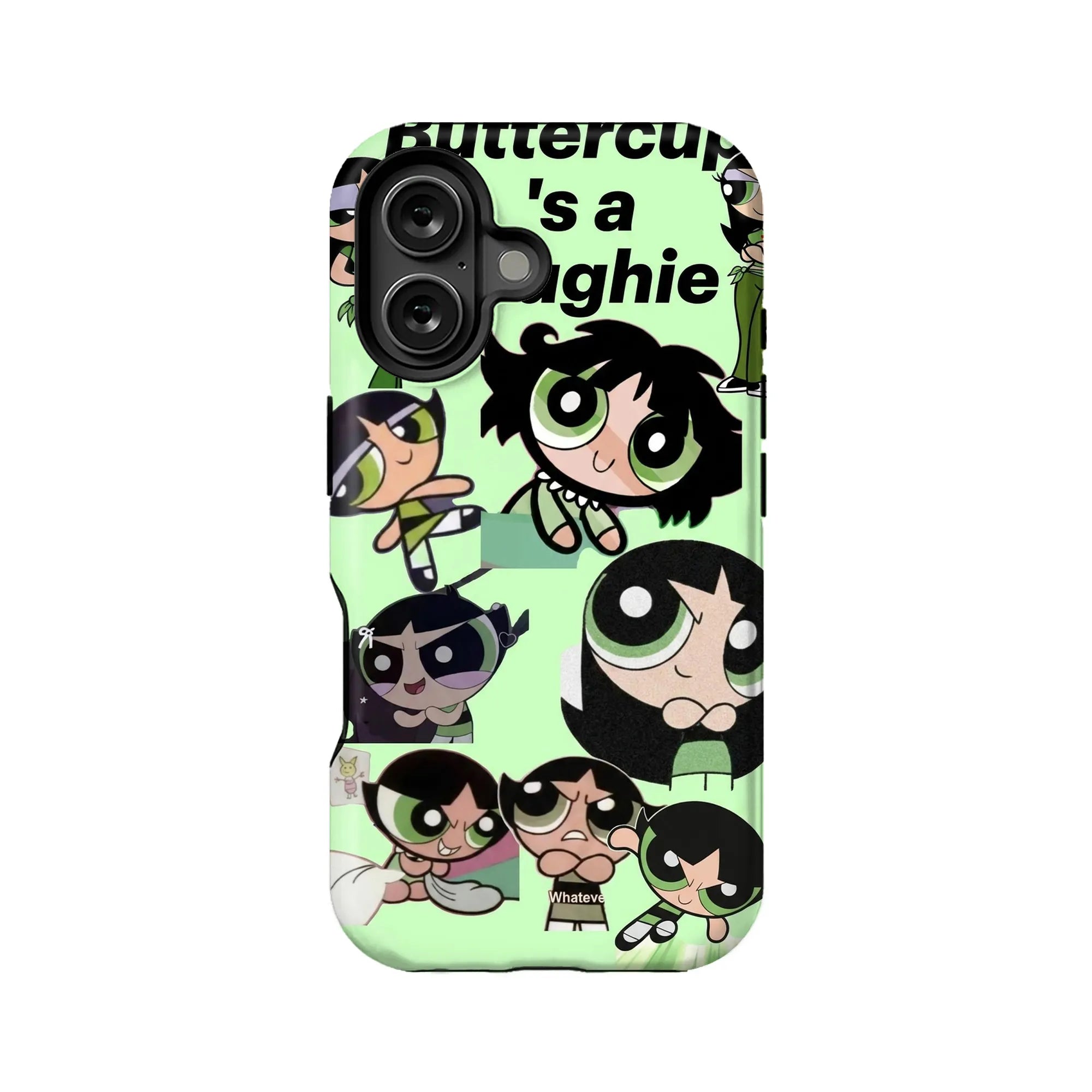 Mint green phone case with cartoon Buttercup collage, rear product view
