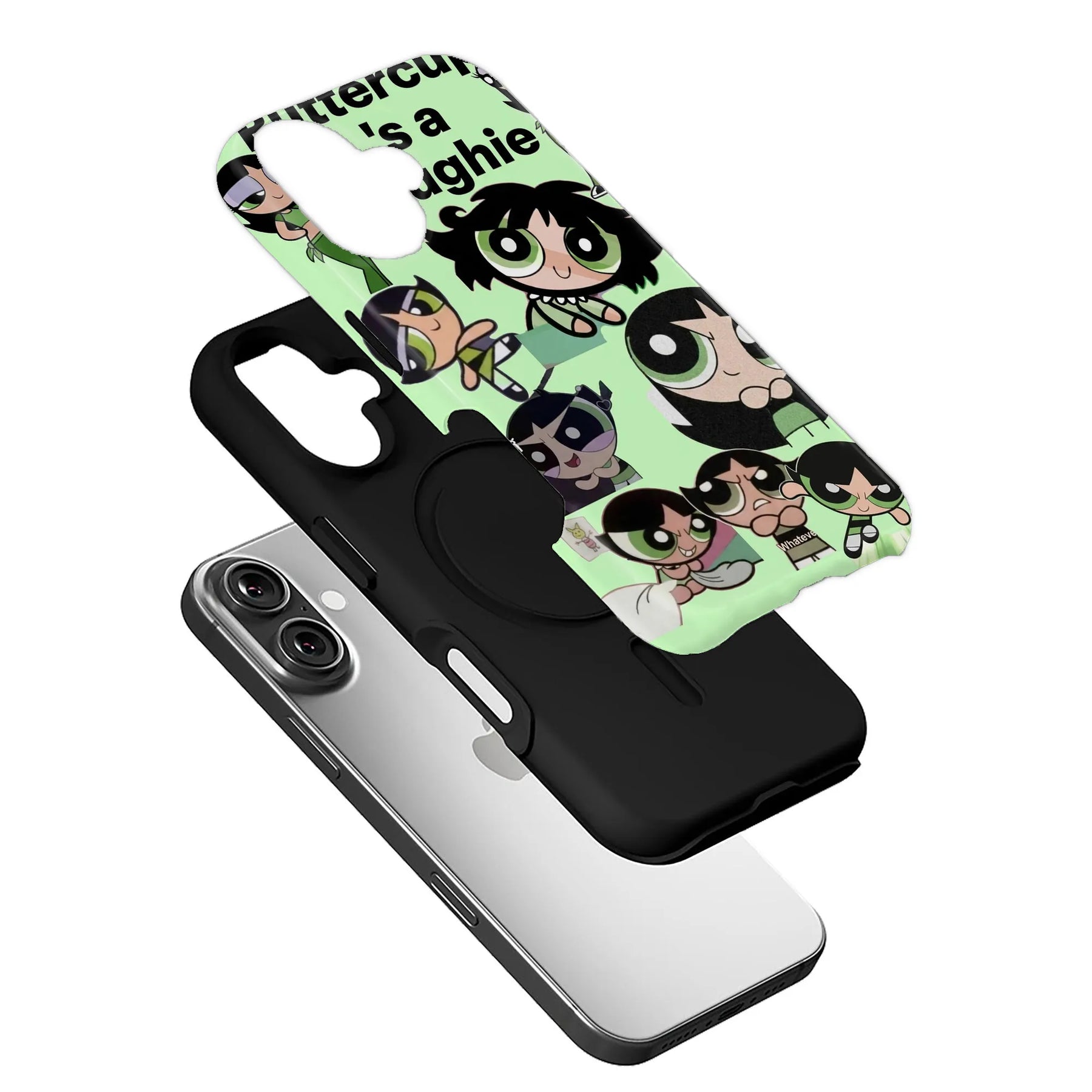 Mint green Buttercup cartoon phone case over black base, angled product assembly view