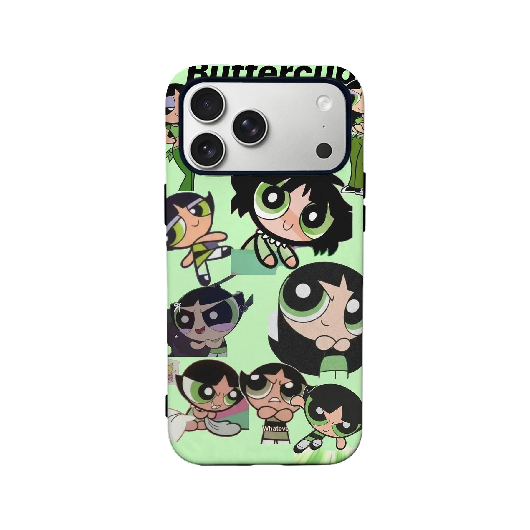 Light green Buttercup cartoon collage phone case, rear angle with camera cutout