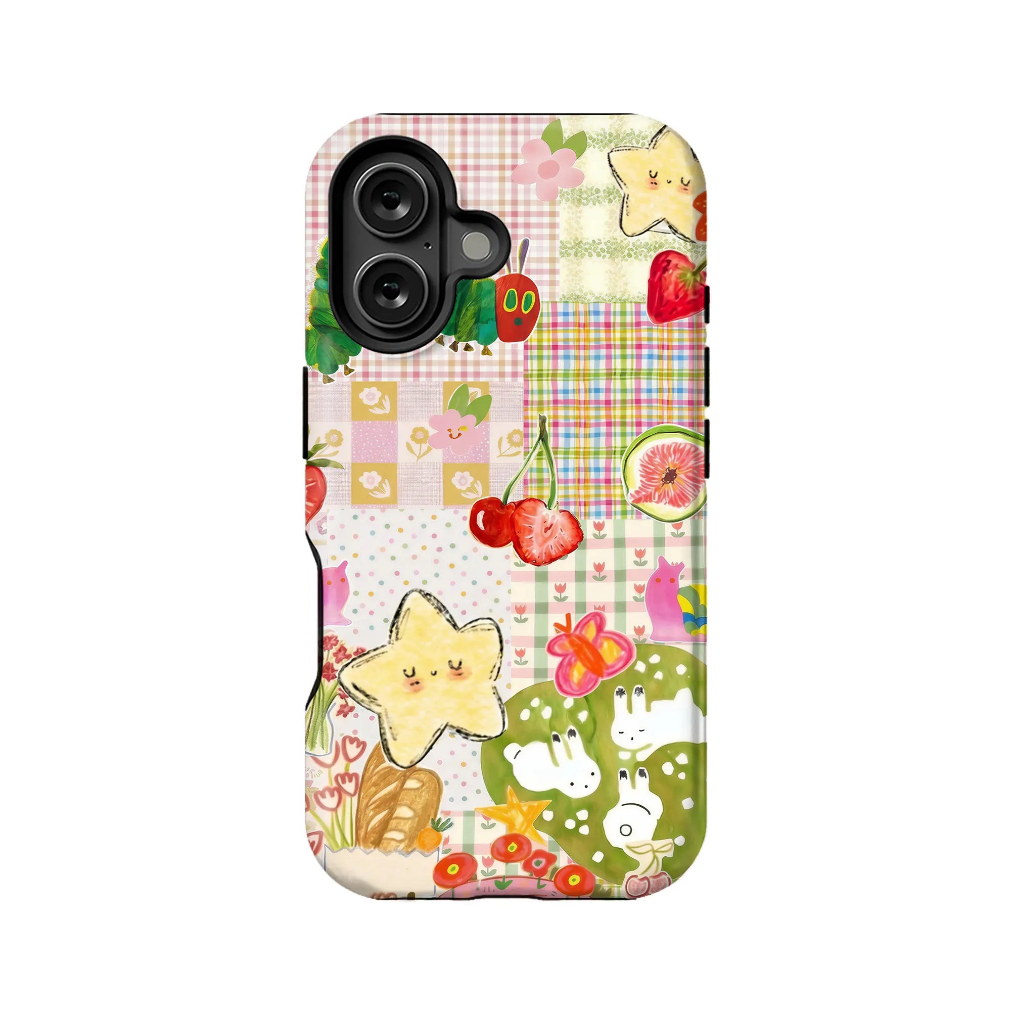 Pastel patchwork cartoon phone case with fruit and stars, back product view