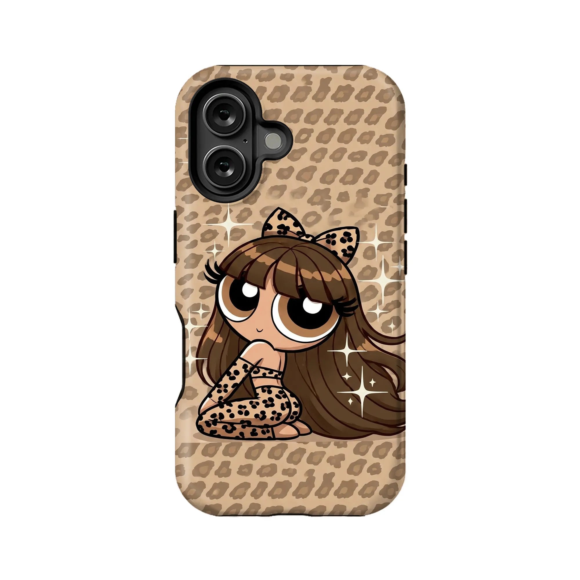 Tan leopard print phone case with cartoon girl design, rear product view