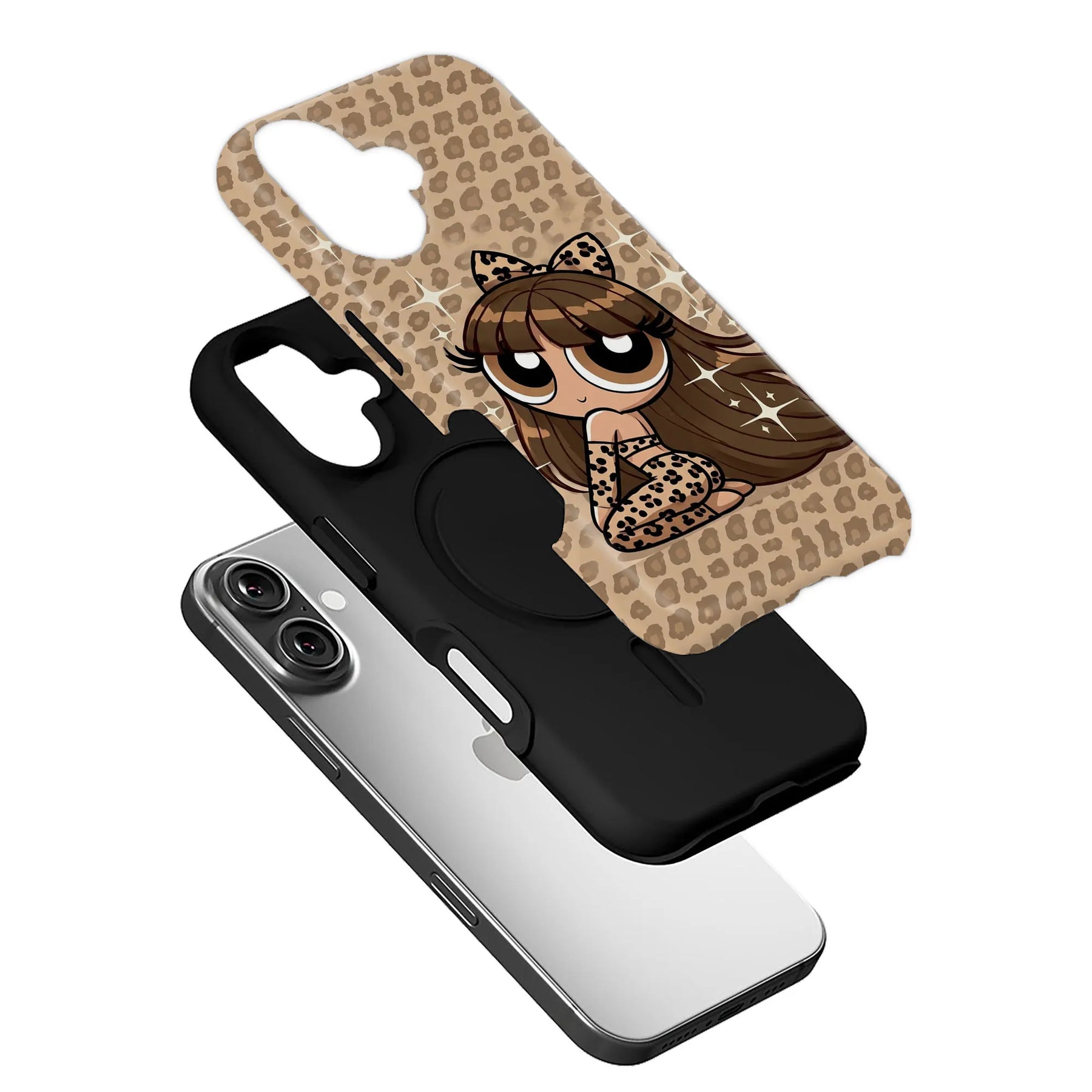 Tan leopard print phone case with cartoon girl, angled above black liner and smartphone