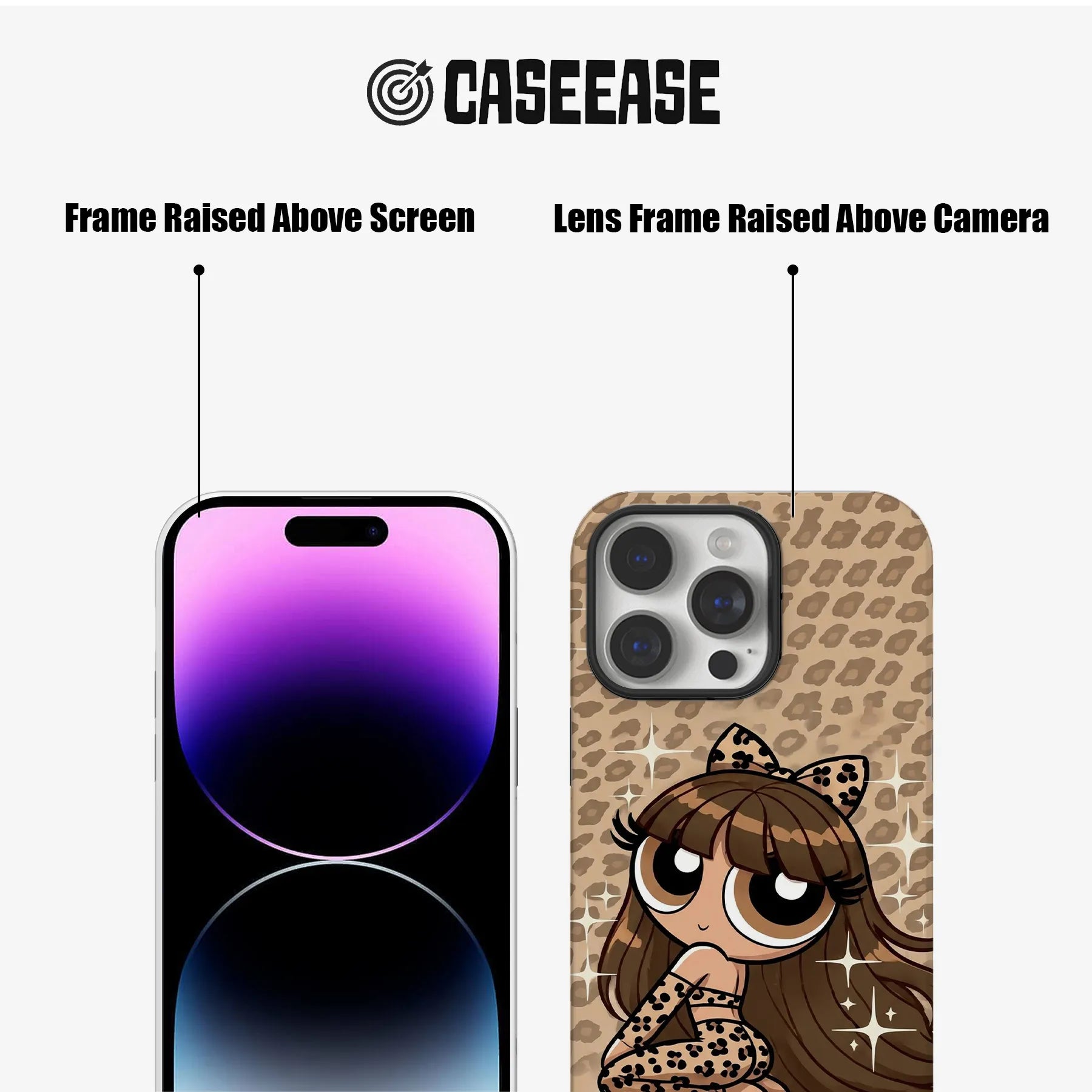 Beige leopard cartoon phone case front and rear detail showing raised screen and camera frames
