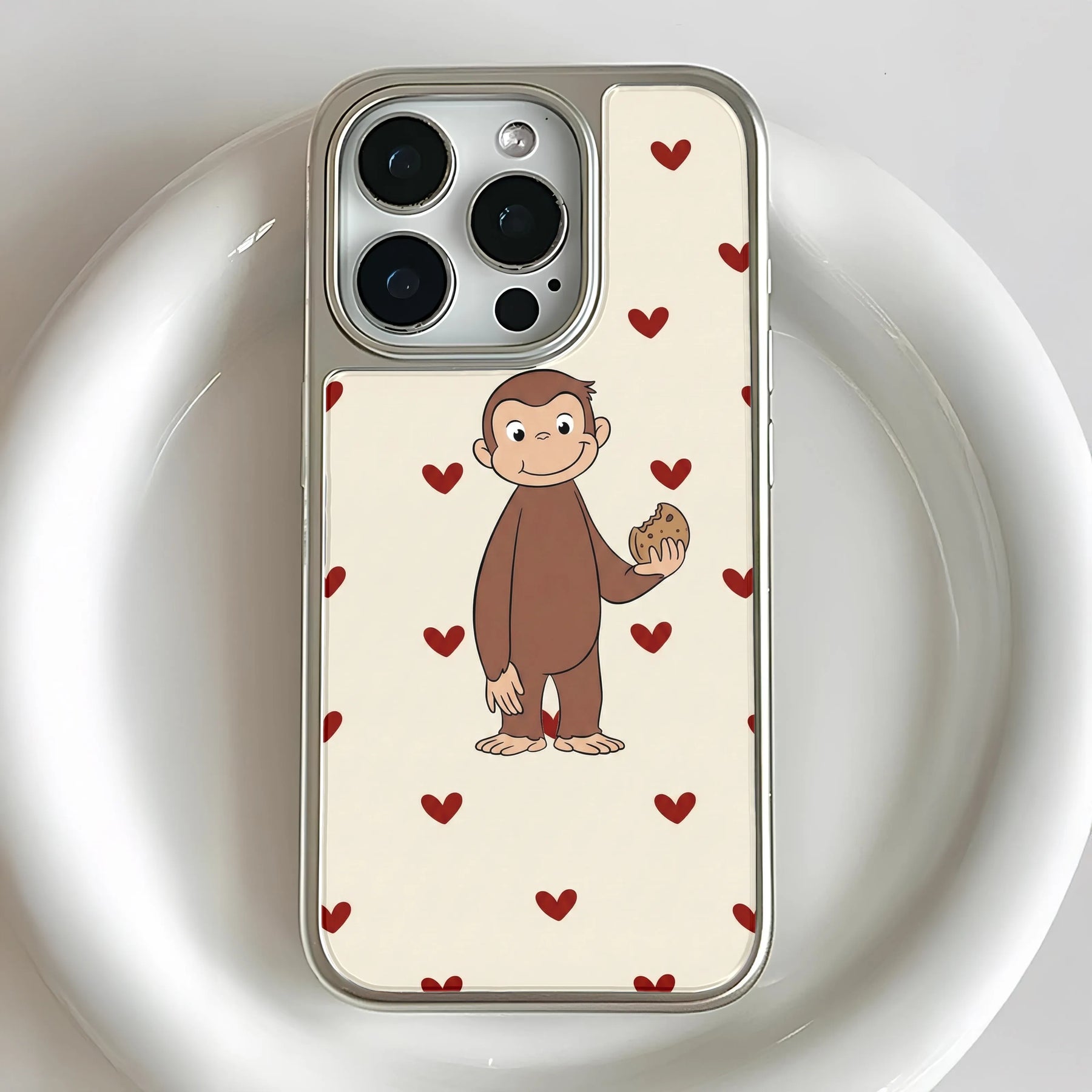 Holographic Chrome Curious George Phone Case - Heart Pattern Design