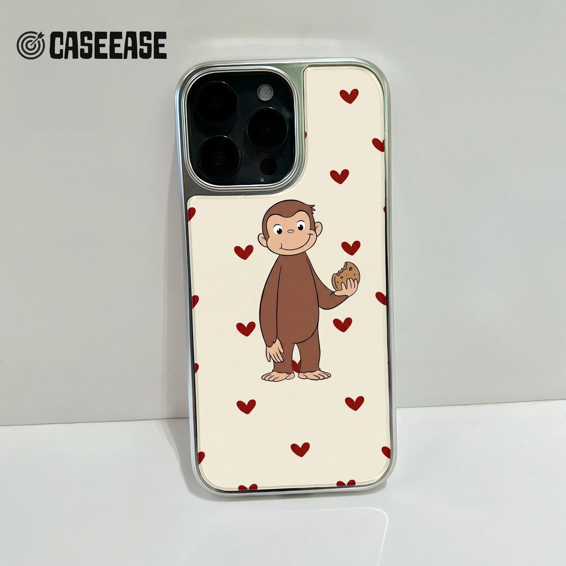 Holographic Chrome Curious George Phone Case - Heart Pattern Design