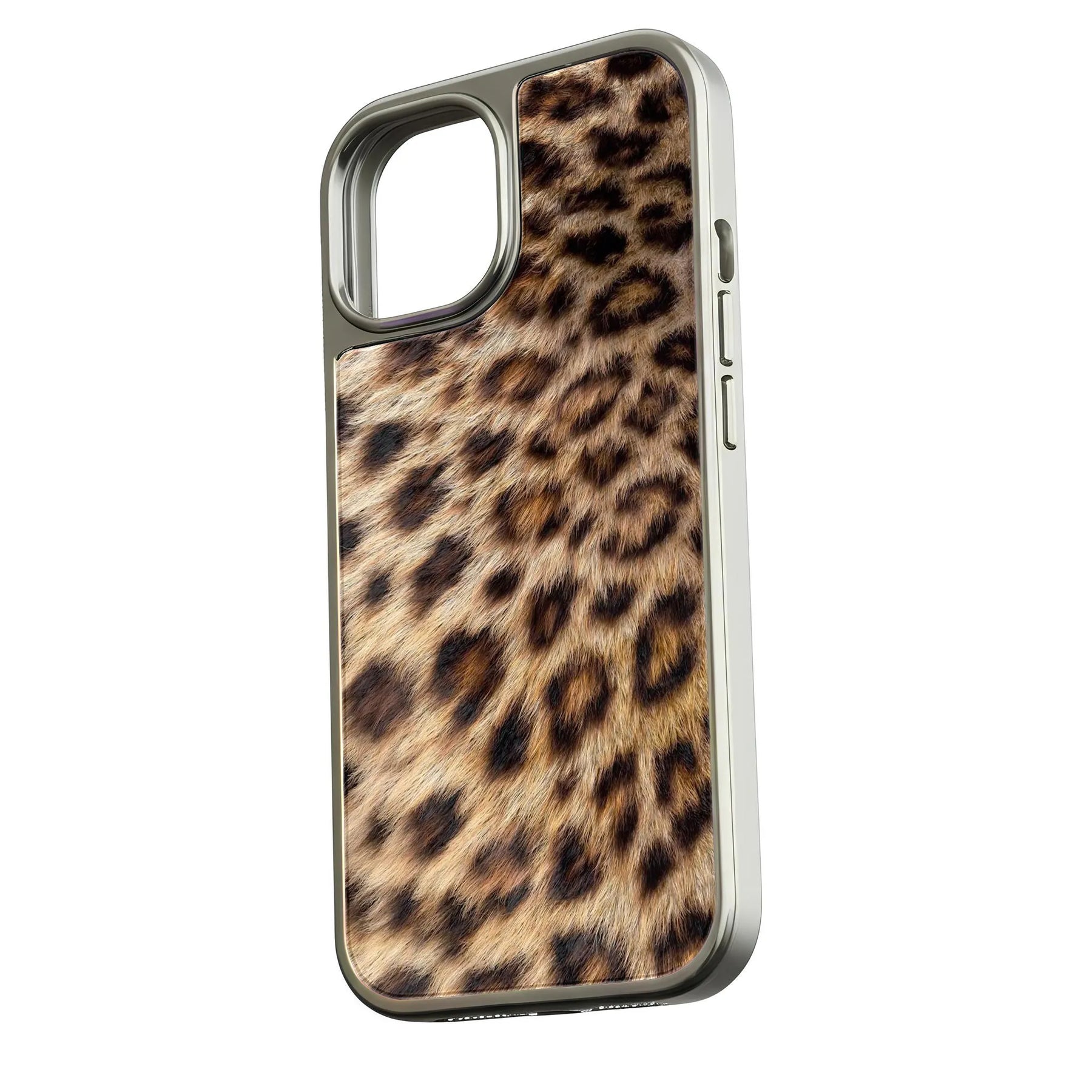 Silver framed leopard print phone case shown from angled back product view