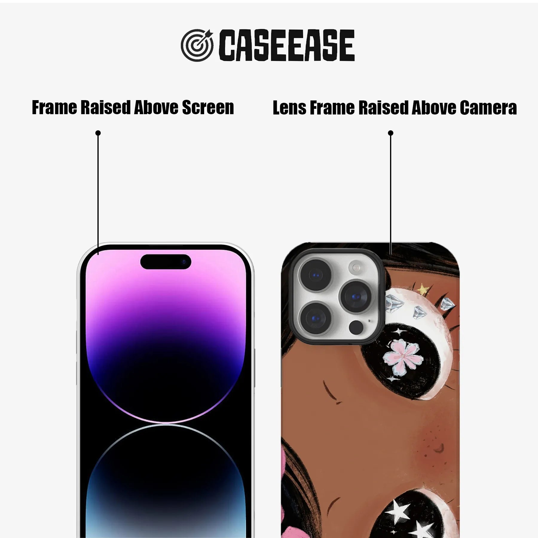 Brown illustrated phone case front and rear close-up with raised black screen and camera frames