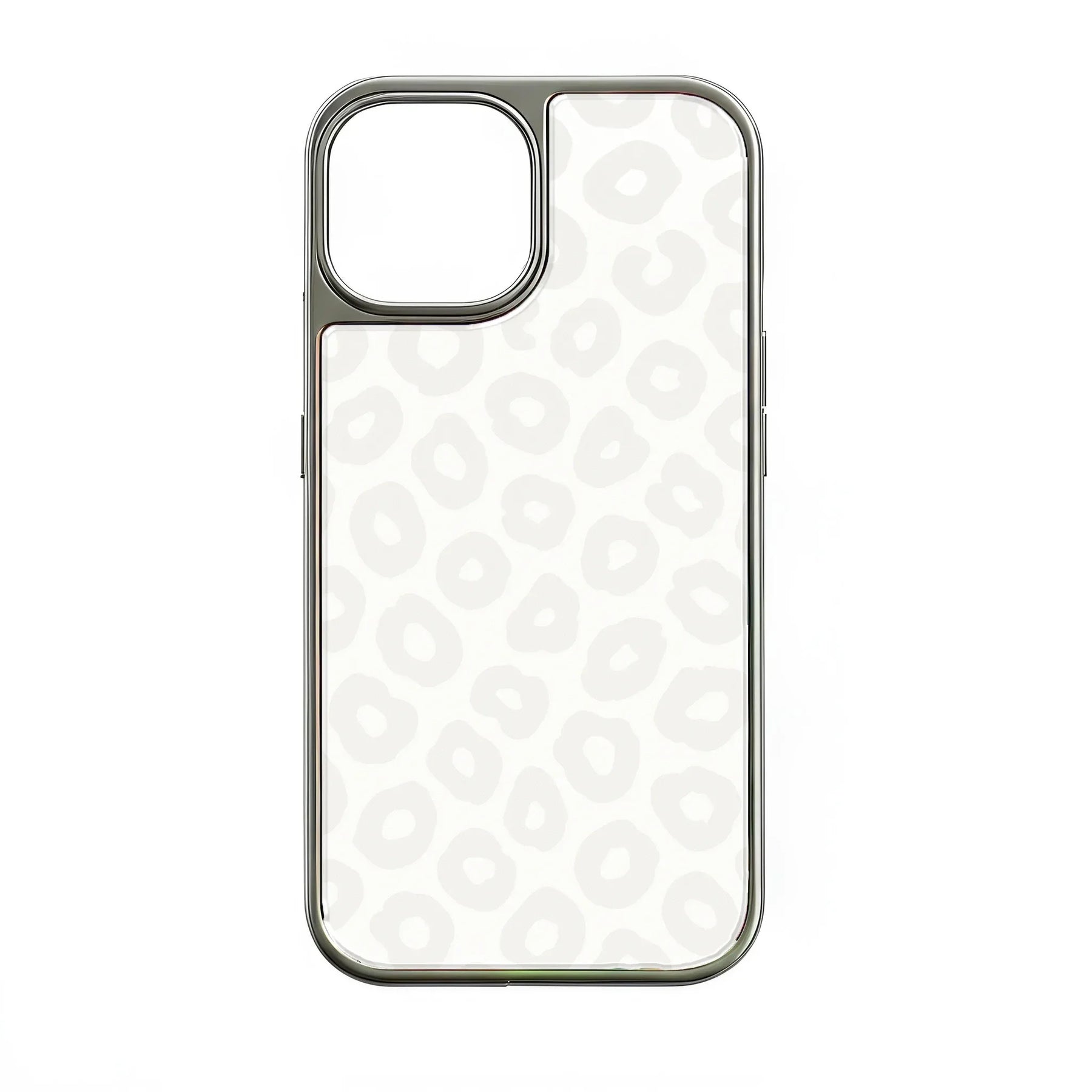 Silver-edged white leopard pattern phone case, rear view for Shopify product listing