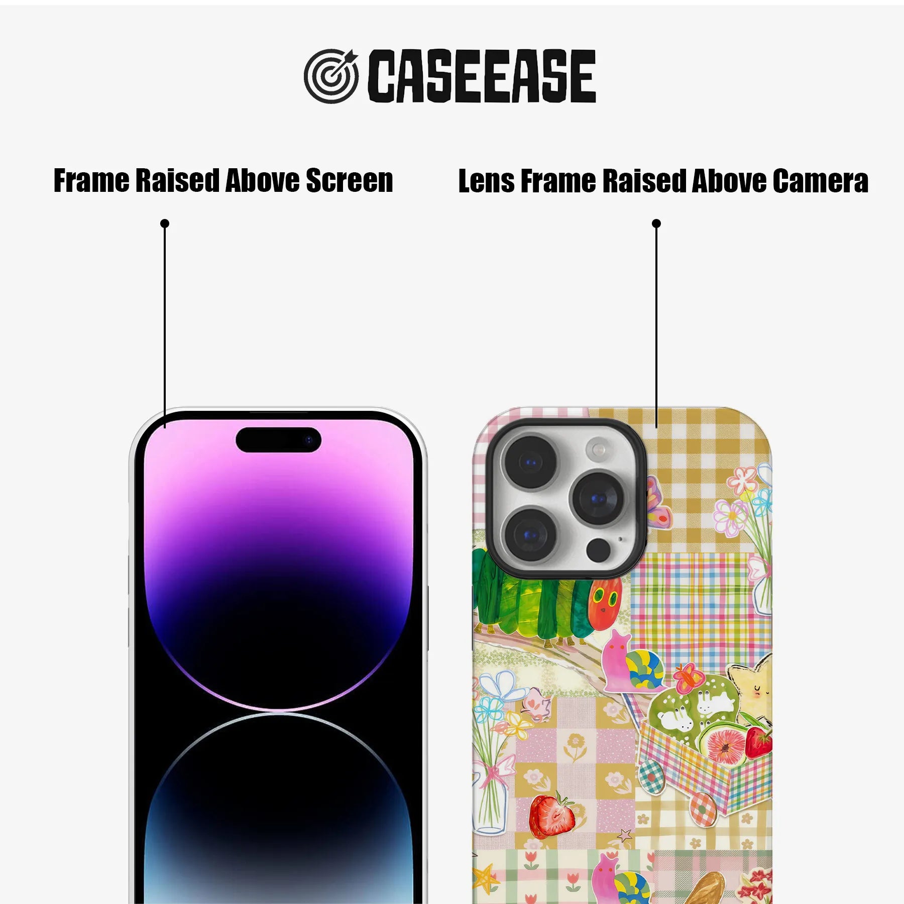 Colorful patchwork phone case front and rear view with raised screen and camera frames