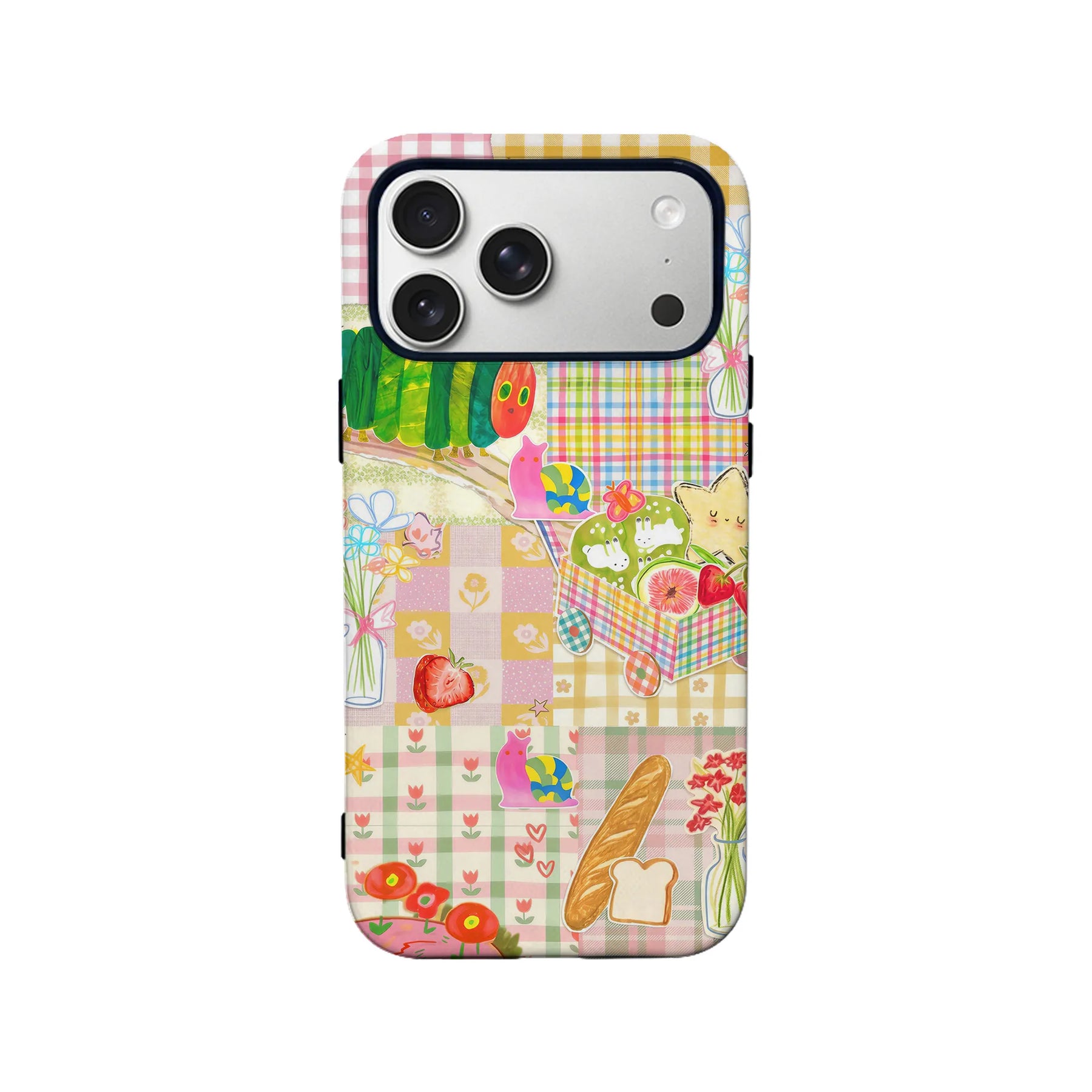 Pastel patchwork picnic illustration phone case shown from back with camera cutout