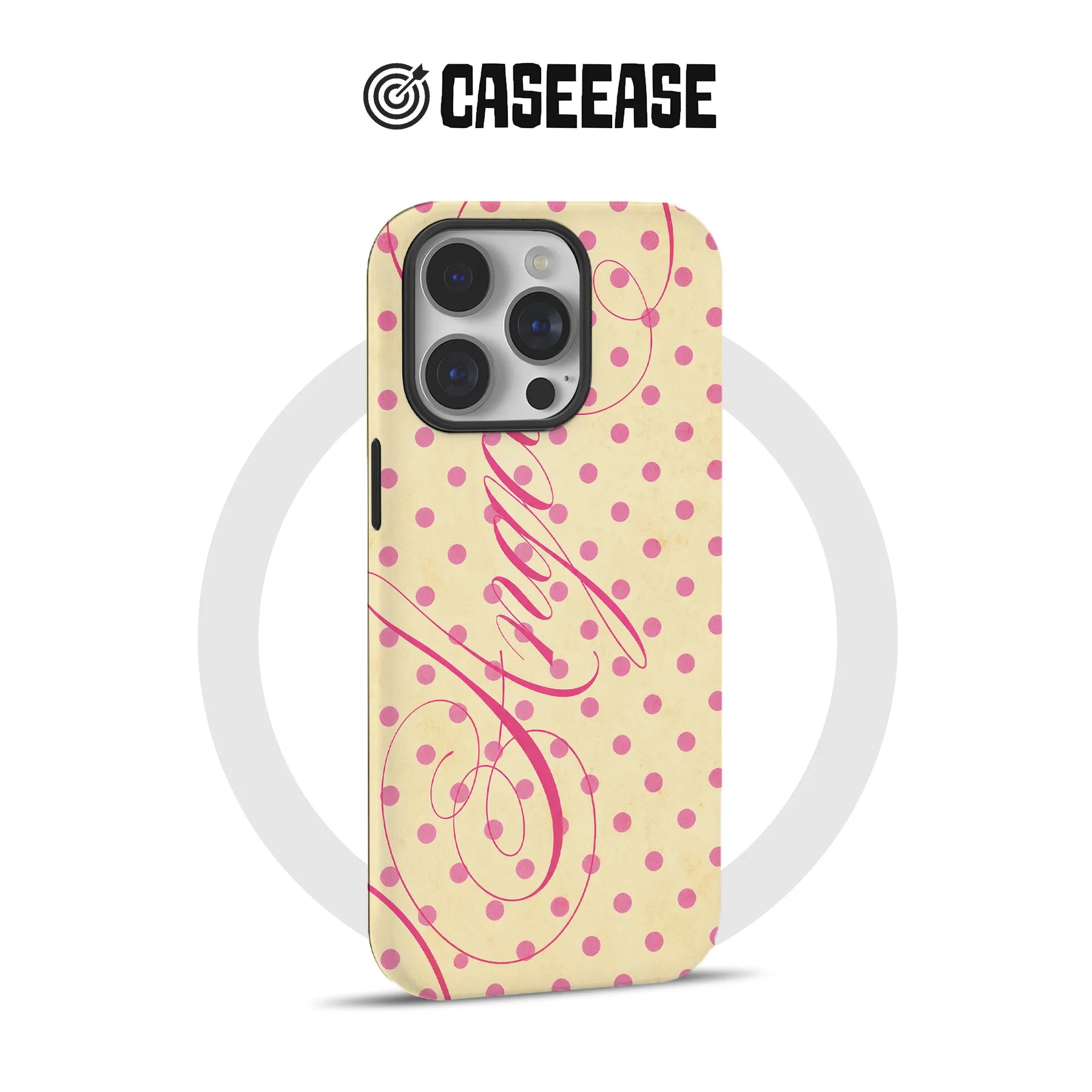 Cream phone case with pink polka dots and script, rear angle for Shopify product page