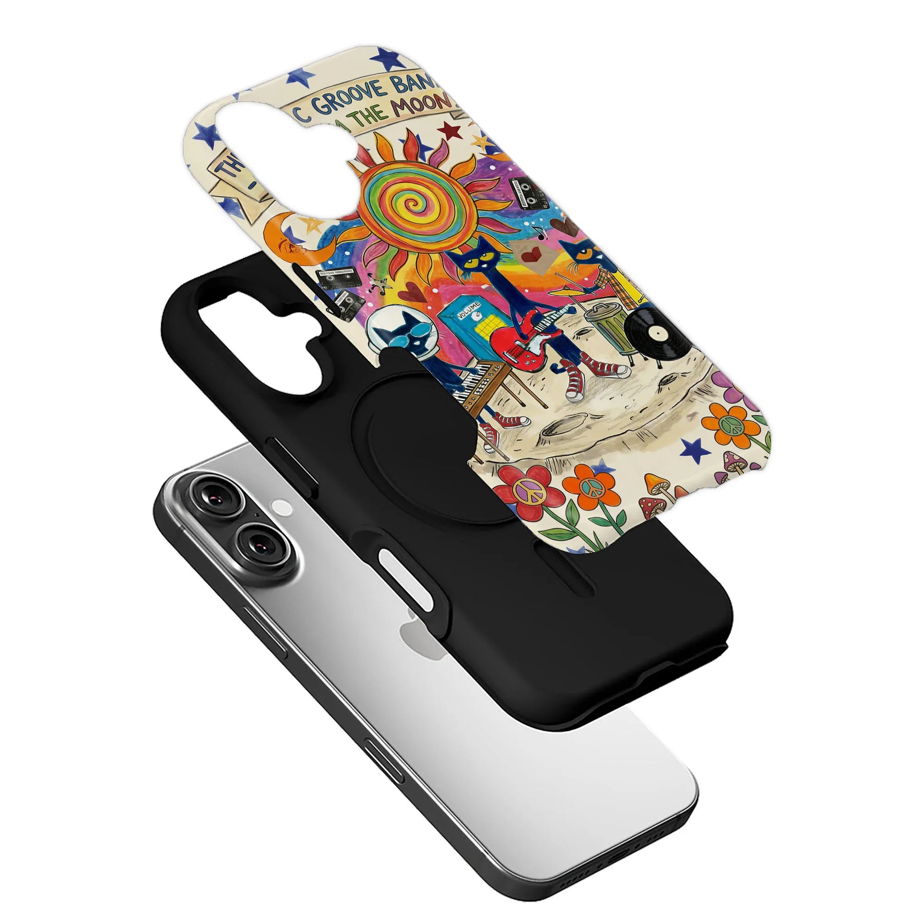 Colorful retro music artwork phone case shown angled above black case and smartphone
