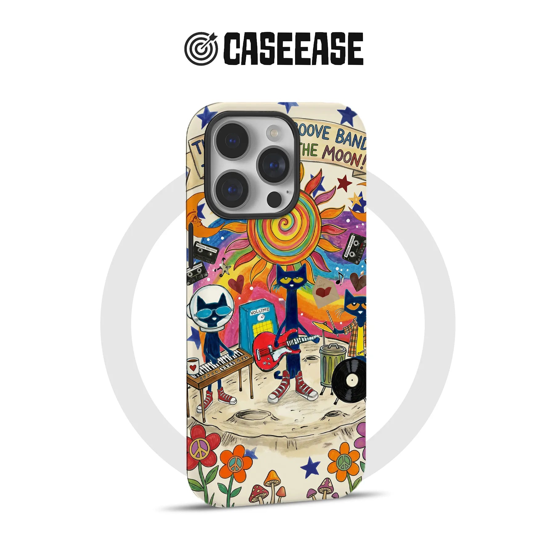 Colorful cream phone case with illustrated moon band cats, rear product angle