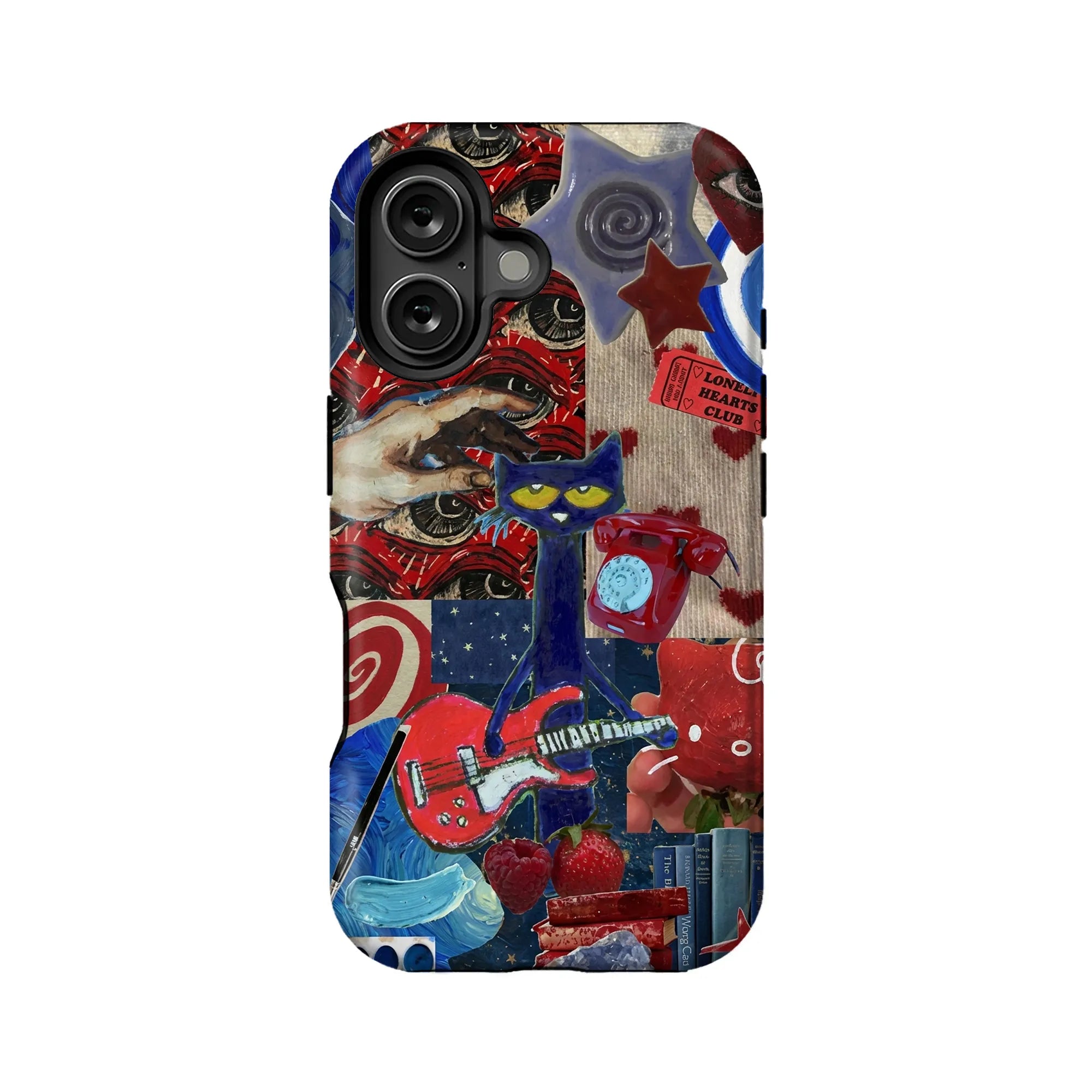 Colorful collage-style phone case back with blue cat, red guitar, and camera cutout