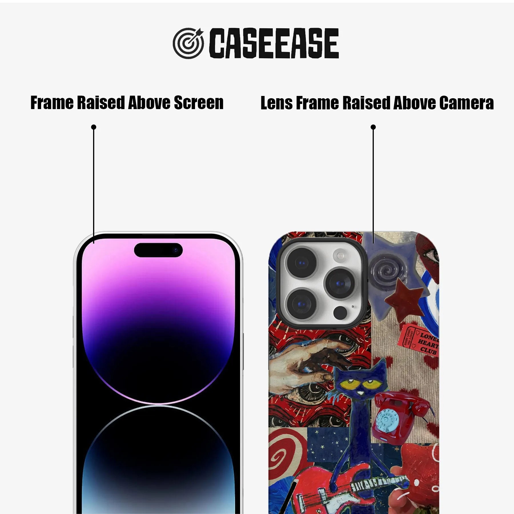 CASEEASE colorful phone case front and rear close-up showing raised screen and camera frames