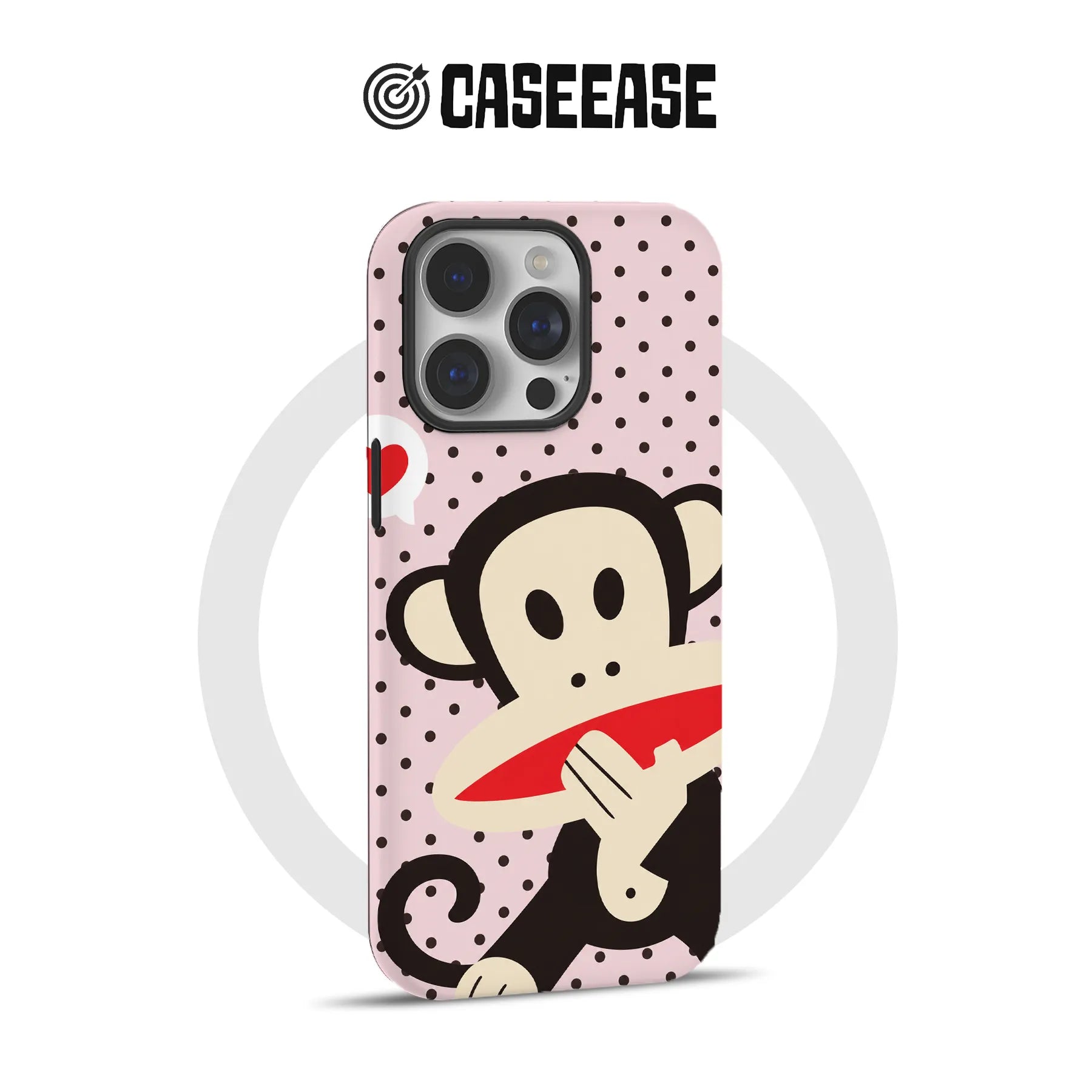 Pink polka dot monkey phone case shown from rear for CASEEASE storefront