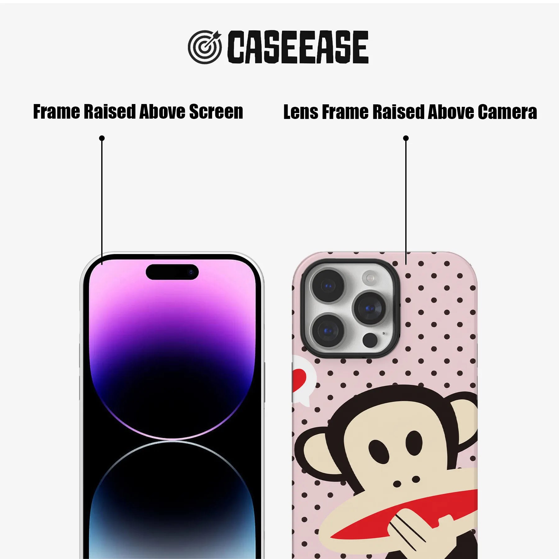 Pink polka dot monkey phone case front and back showing raised screen and camera frames