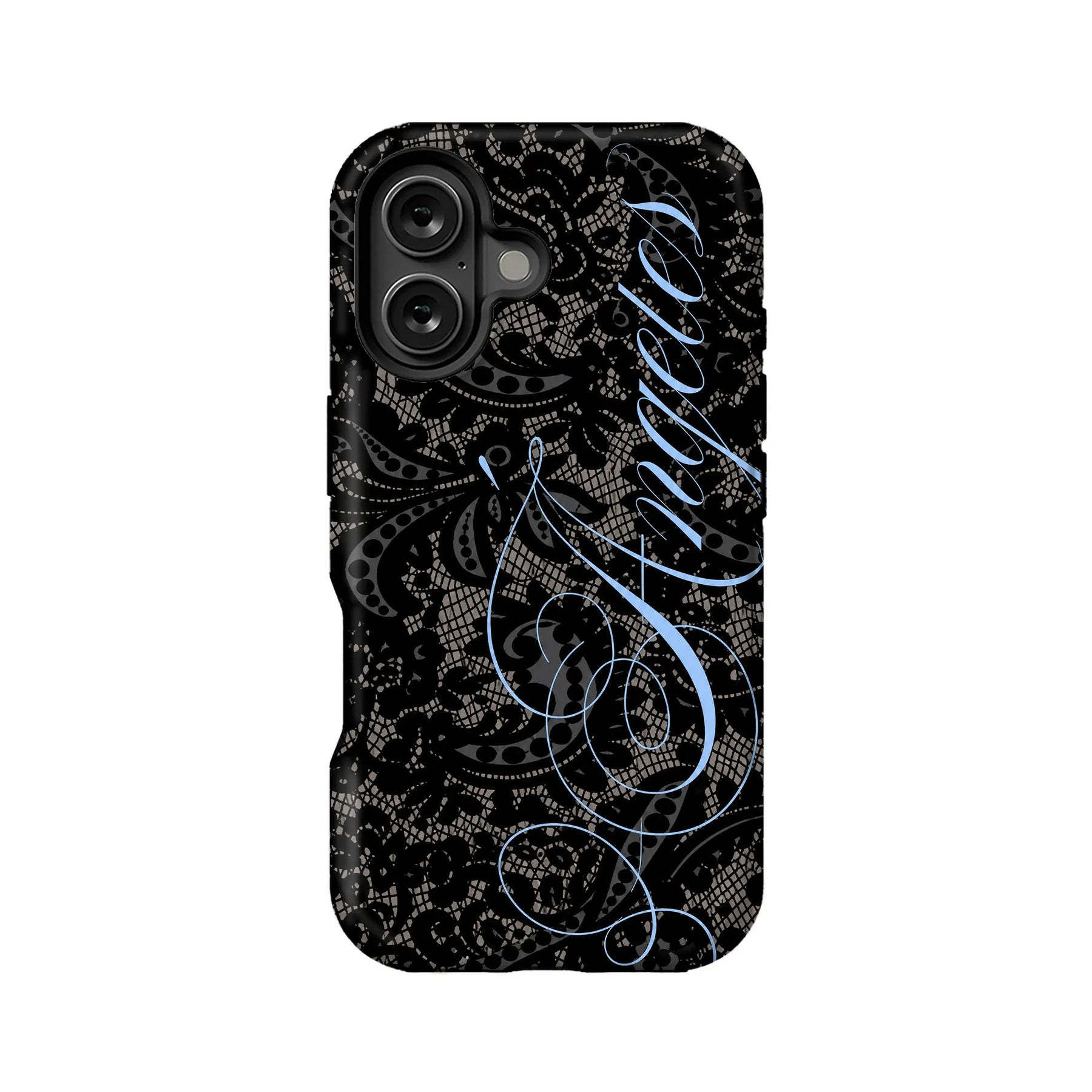 Black lace-pattern phone case with blue script, rear product view for Shopify
