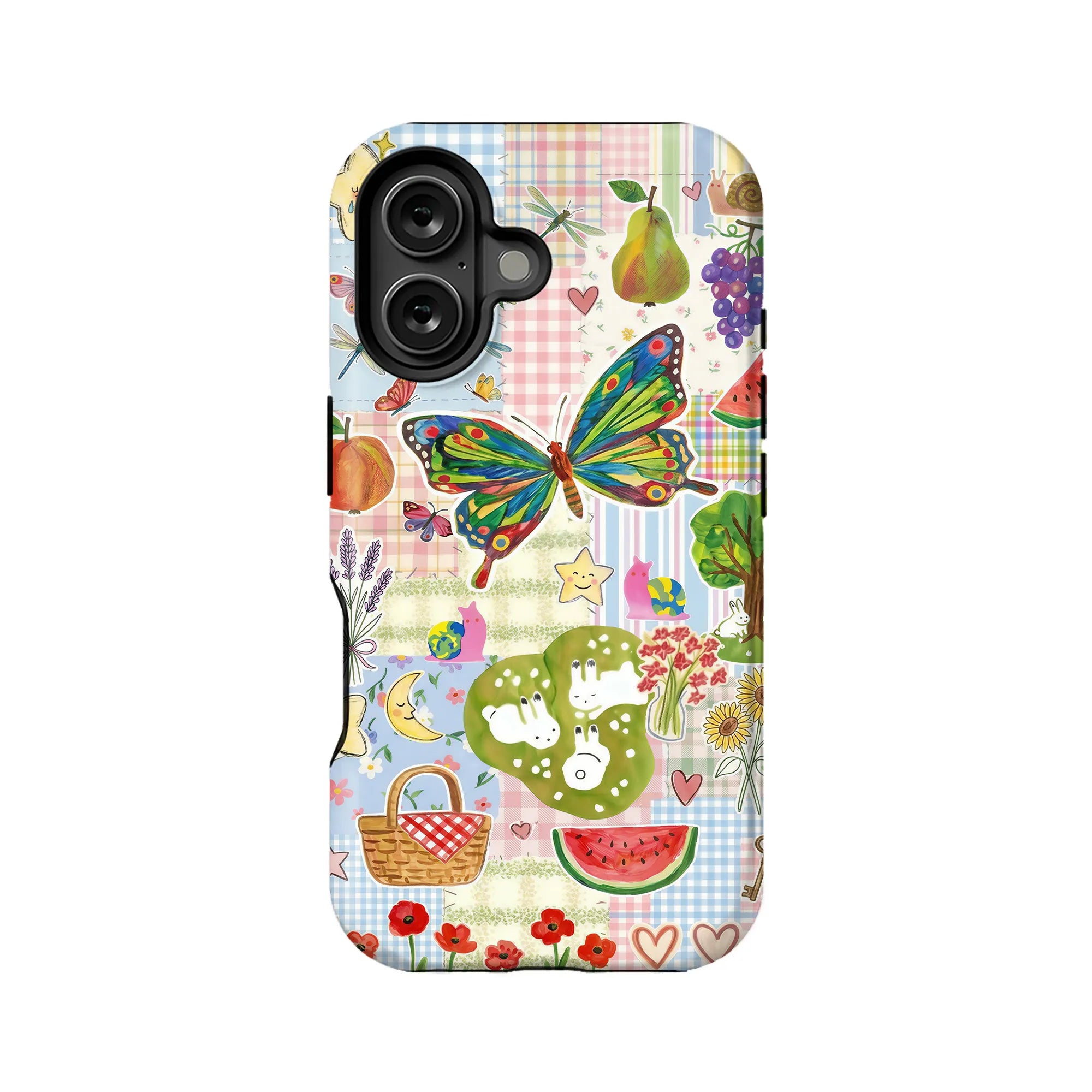 Colorful patchwork butterfly and picnic illustrated phone case, rear view for dual camera