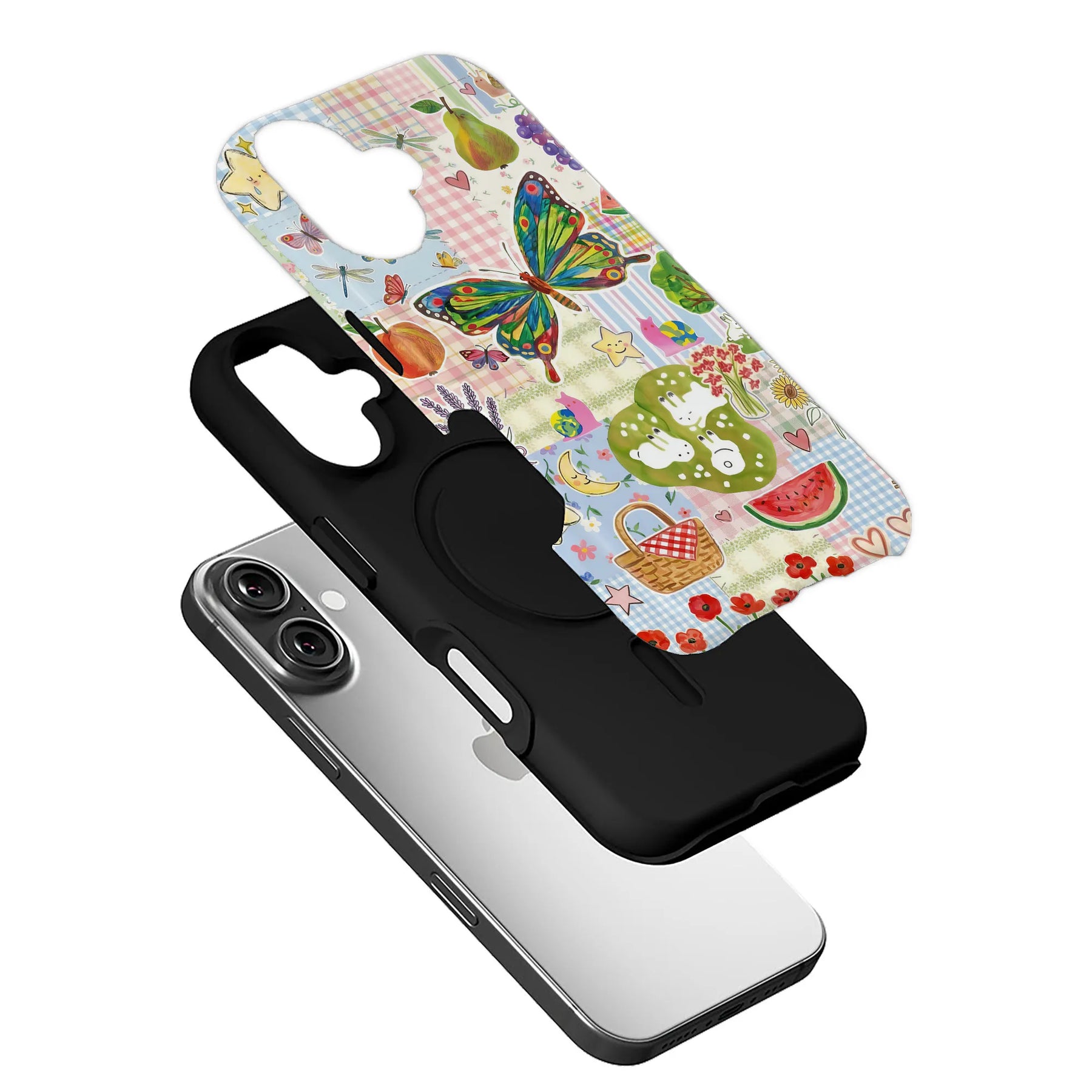 Colorful butterfly picnic collage phone case with black bumper, shown at an angle