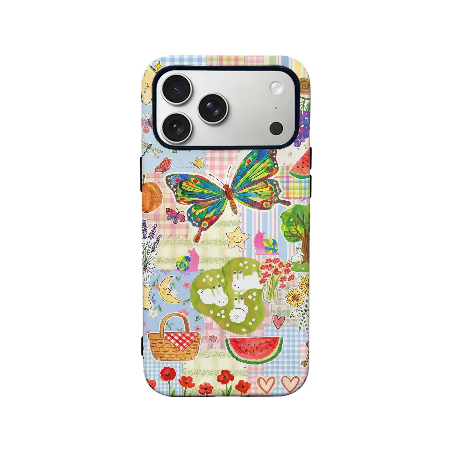 Colorful patchwork phone case rear view with butterfly, picnic, and garden illustrations