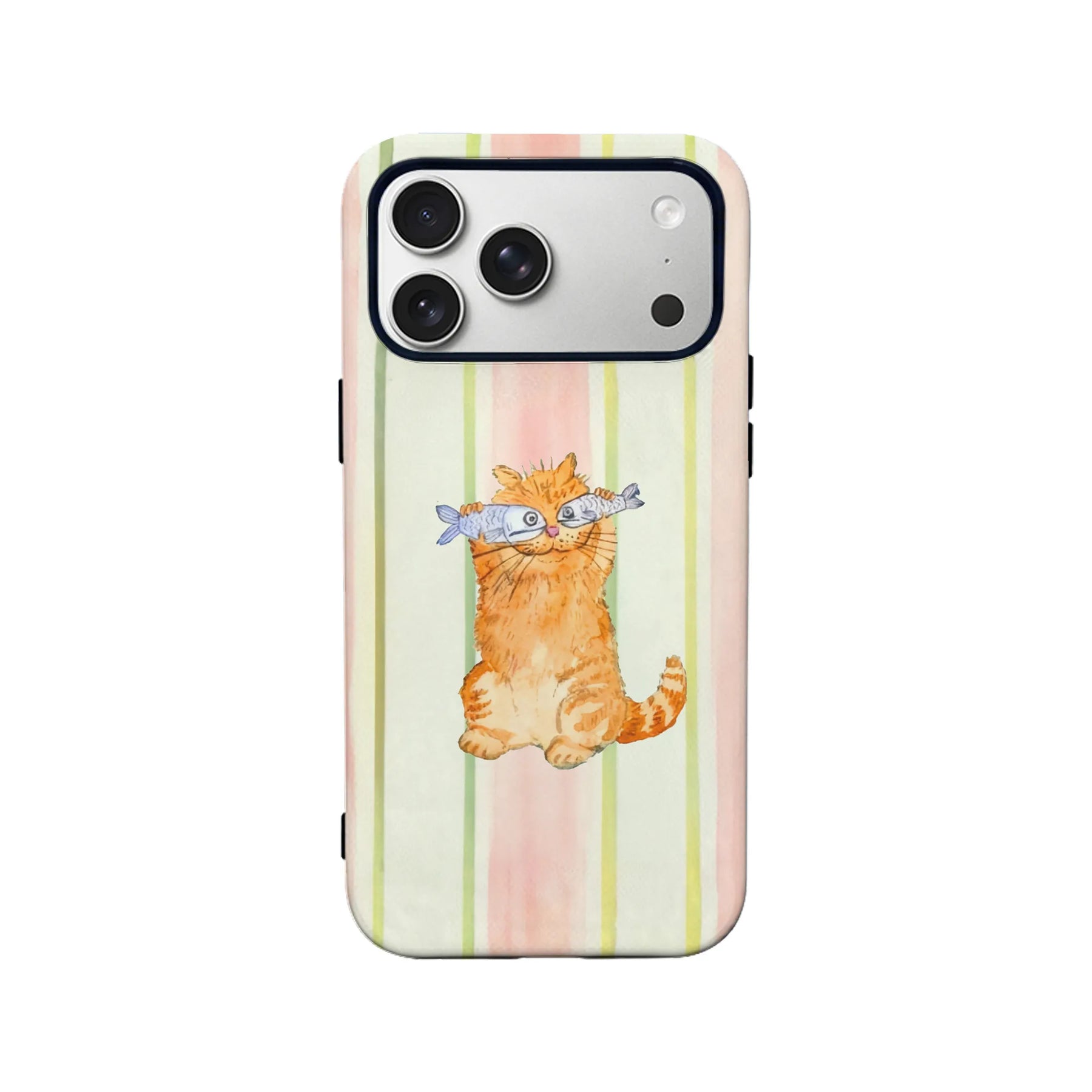 Bonita funda para teléfono con diseño de gato pelirrojo y pez