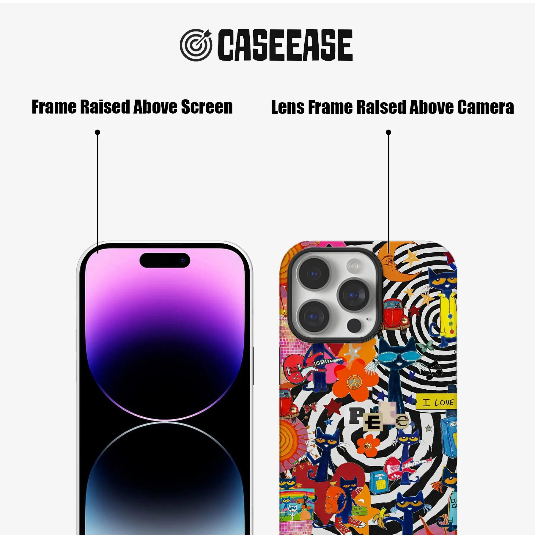 Colorful CASEEASE cat collage phone case front and back showing raised screen and camera frames