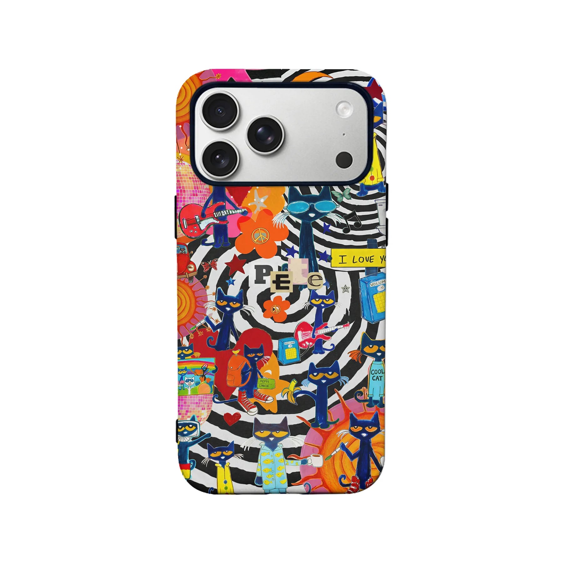 Colorful illustrated cat phone case, back view with camera cutout and bold patterns
