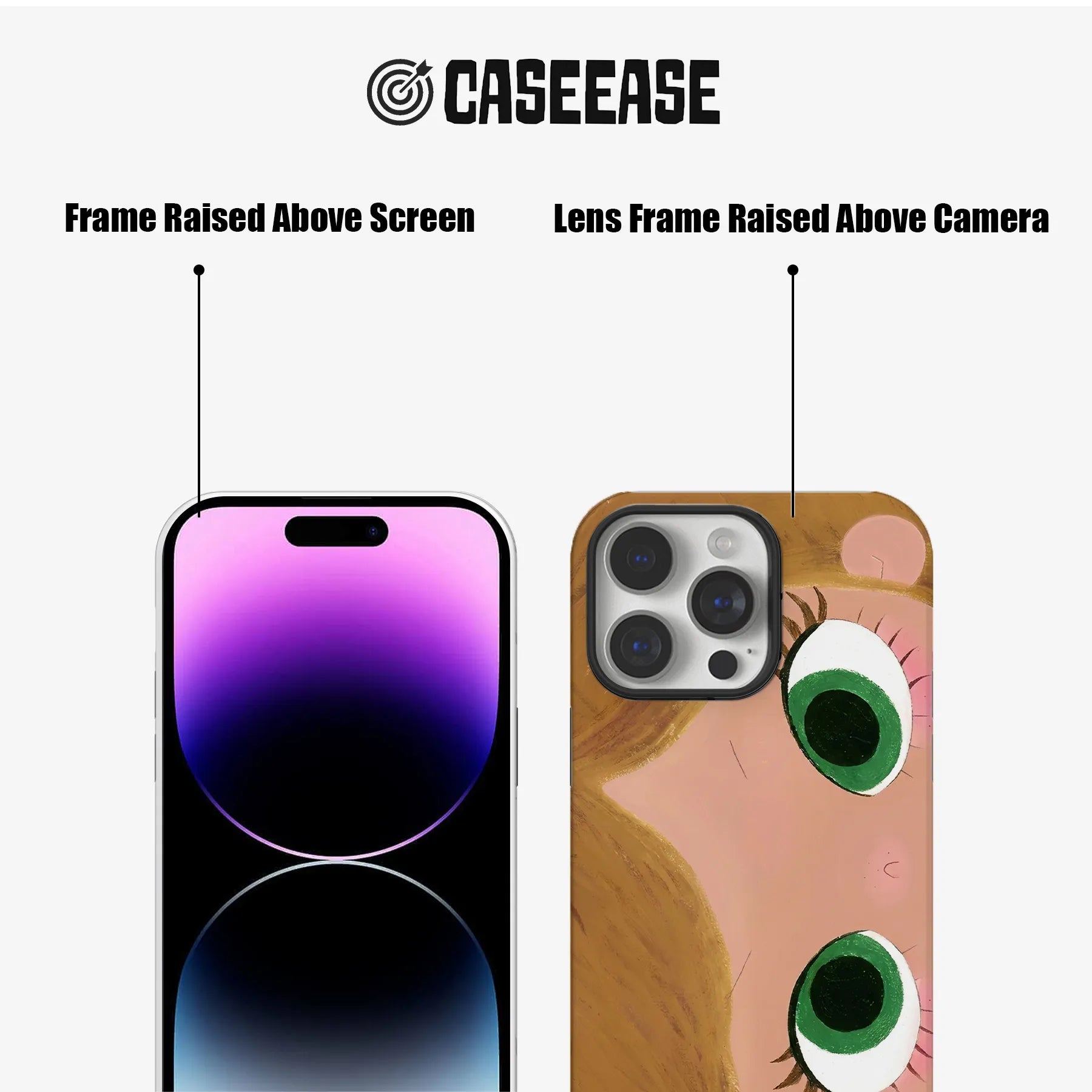 Brown illustrated phone case back and front showing raised screen and camera frames