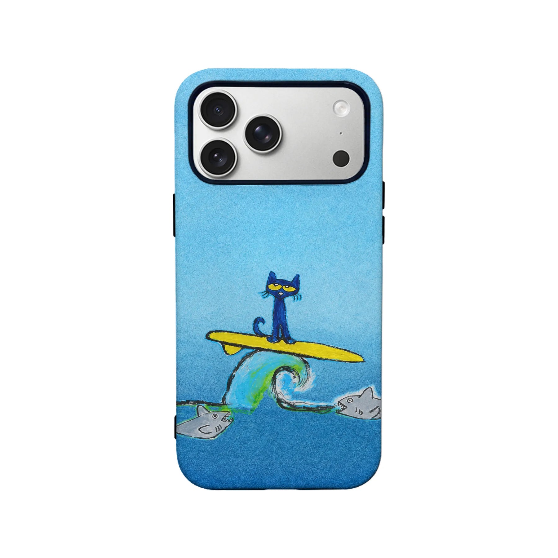 Blue illustrated phone case with surfing cat design, rear view for Shopify product