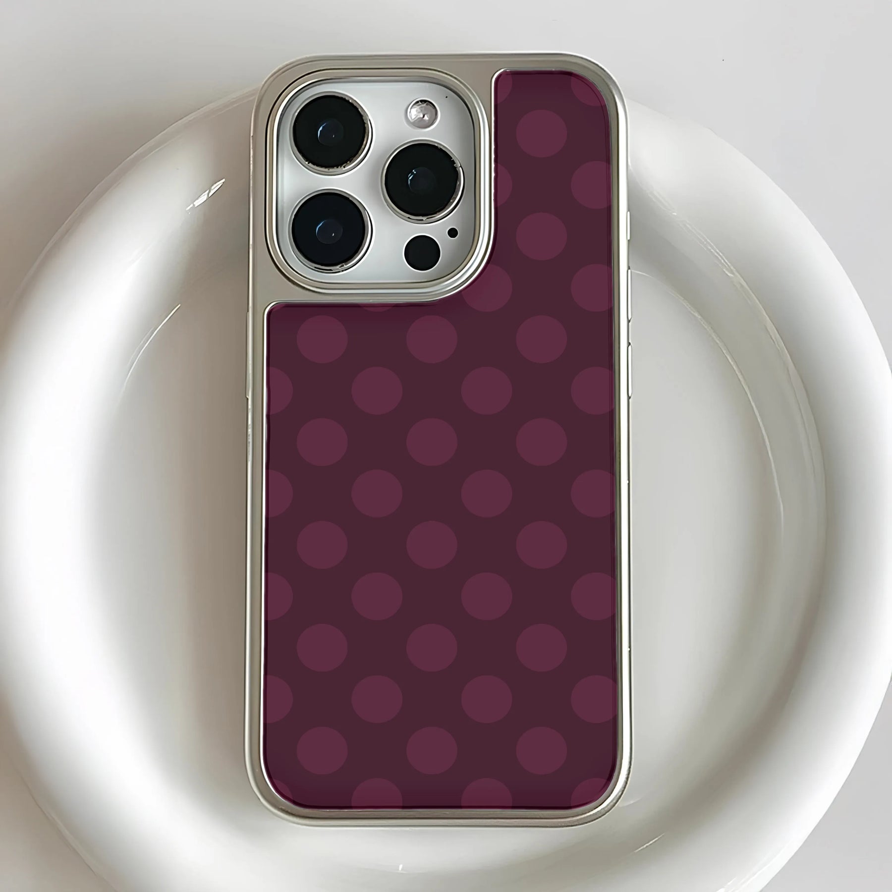 Holographic Chrome Polka Dot Phone Case - Stylish Burgundy Design