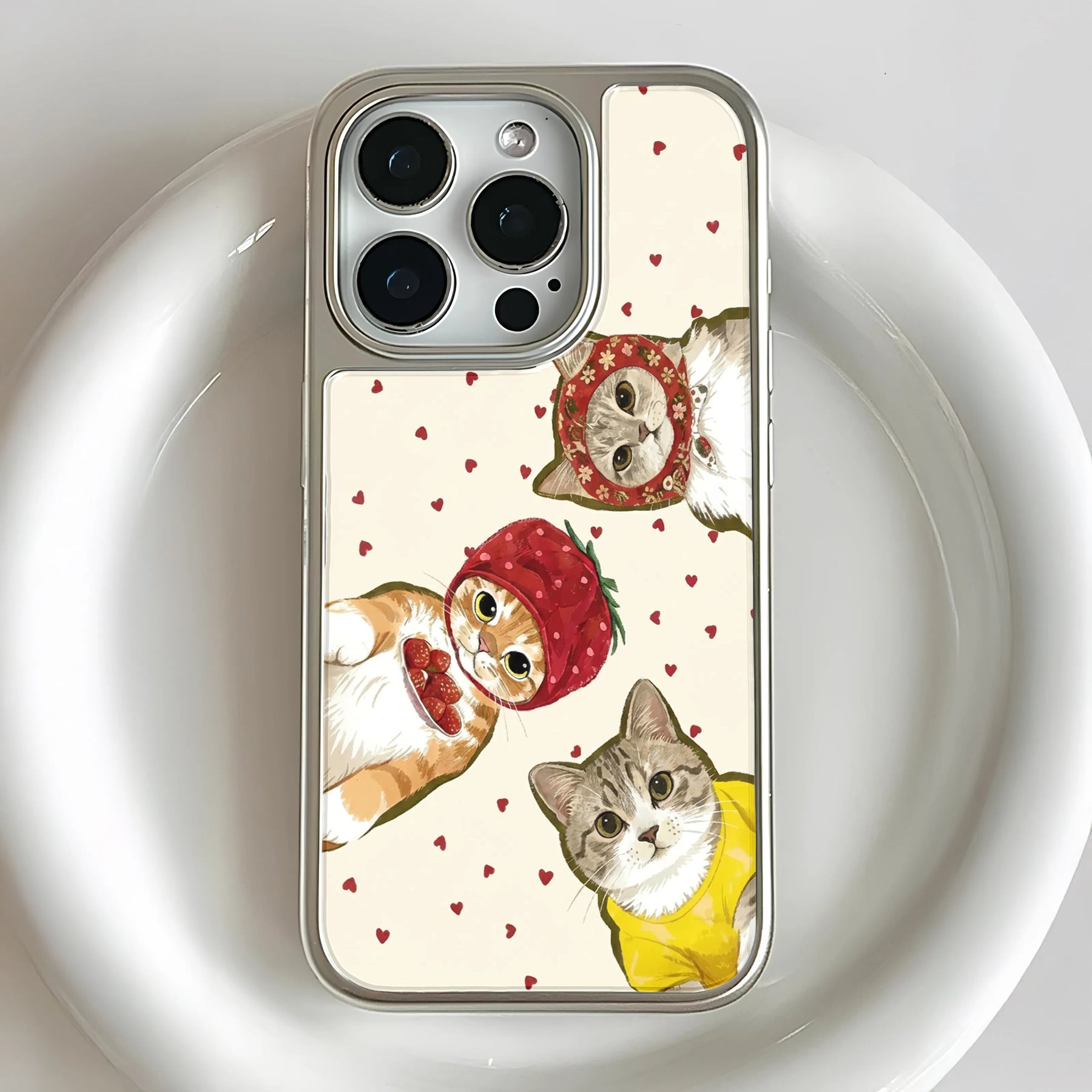 Holographic Chrome Cat Phone Case - Cute Kitties with Hearts