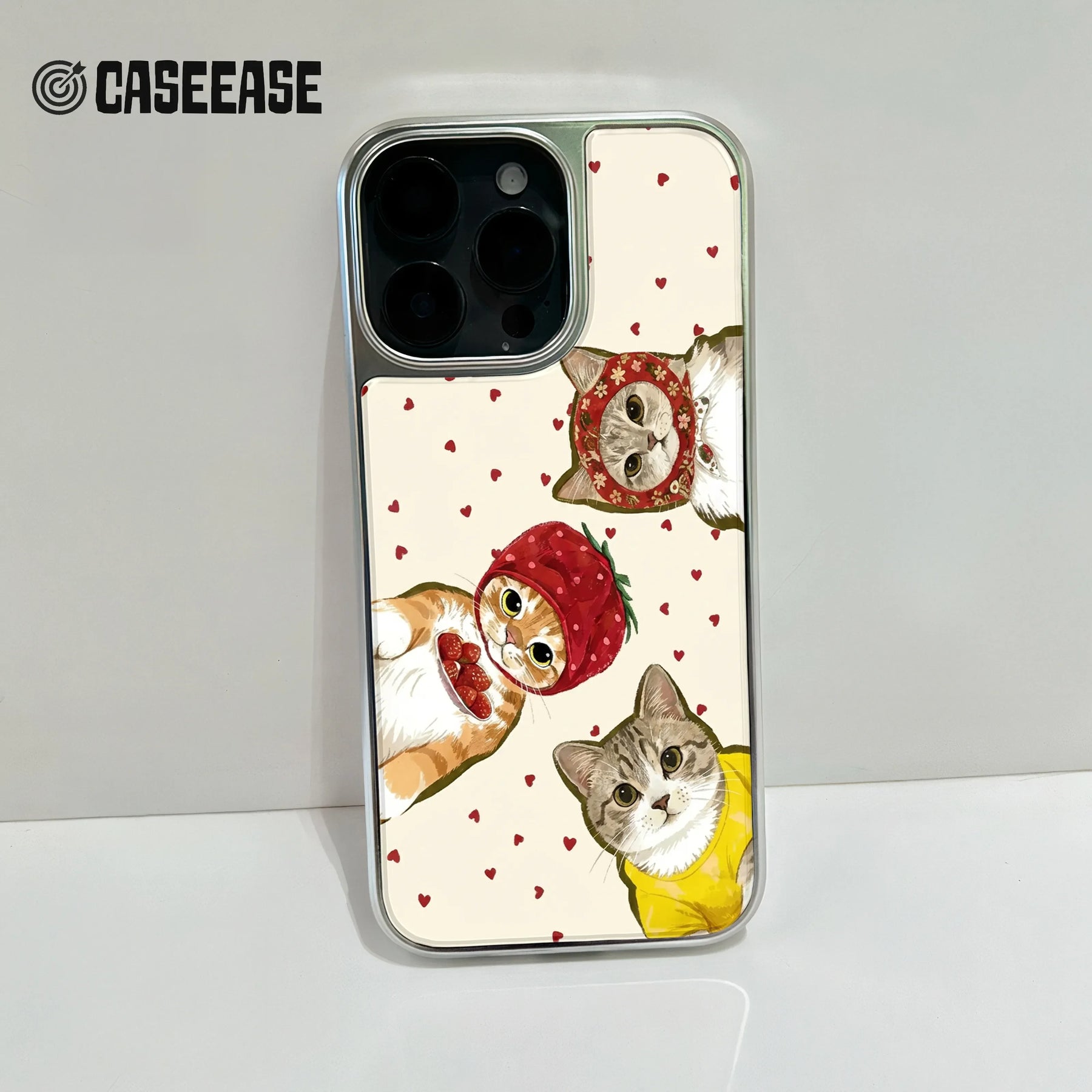 Holographic Chrome Cat Phone Case - Cute Kitties with Hearts