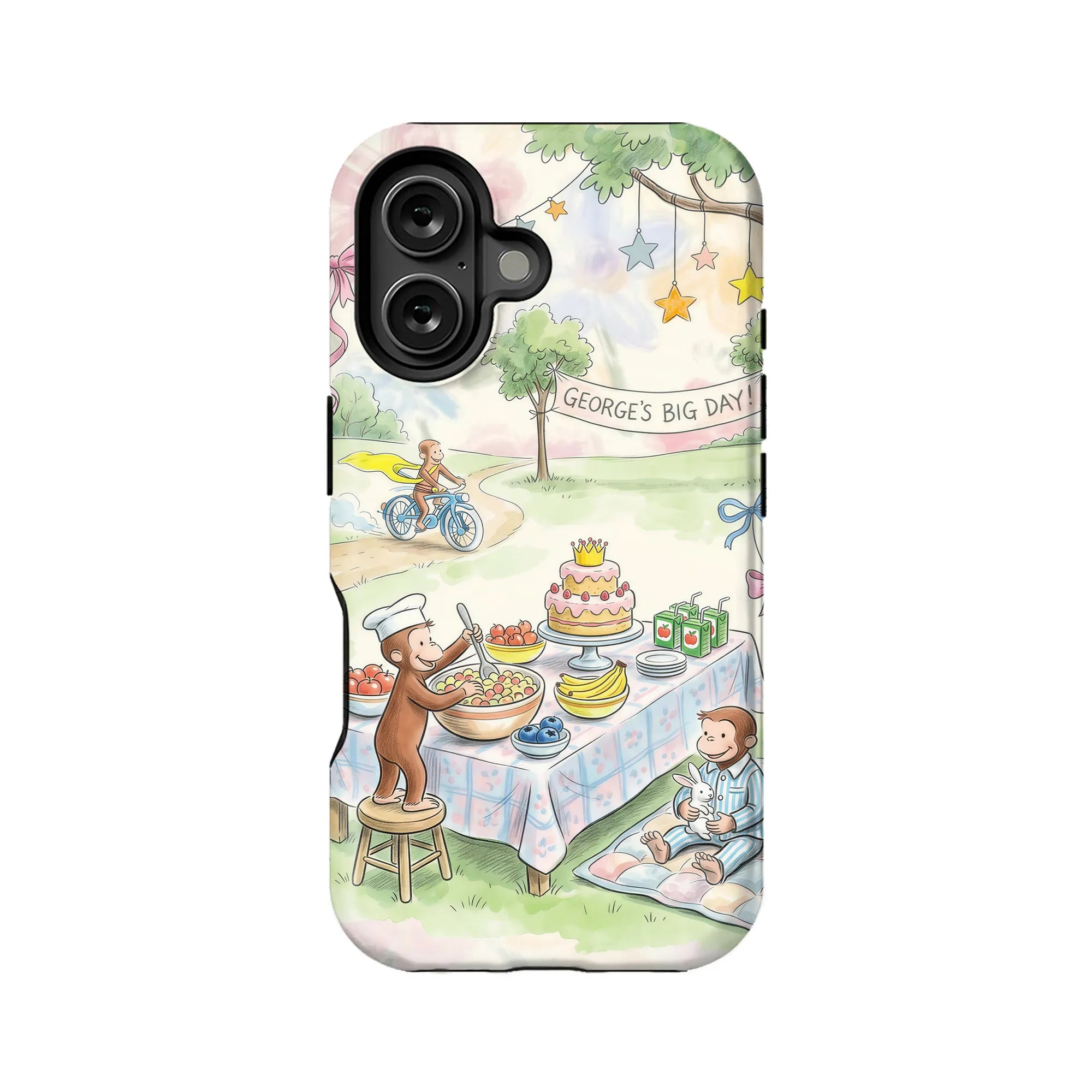 Pastel illustrated phone case back with monkey birthday picnic scene and dual camera cutout