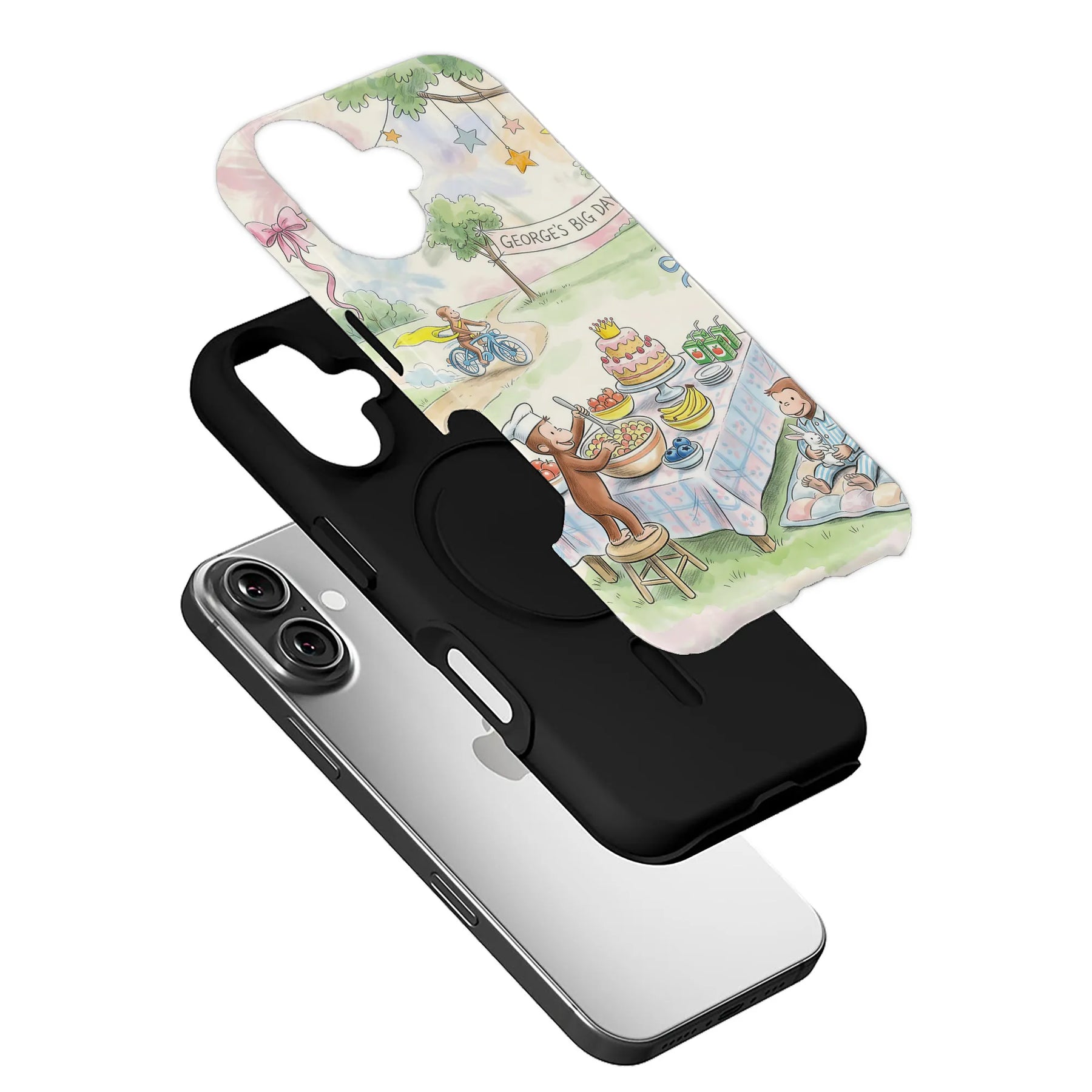 Pastel illustrated monkey birthday phone case with black liner, angled exploded product display