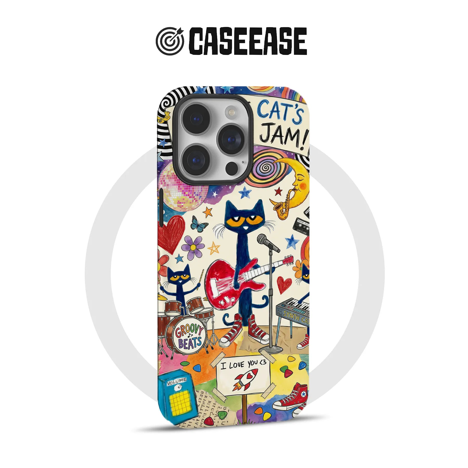 Colorful CASEEASE phone case, back-facing, with illustrated cats playing music
