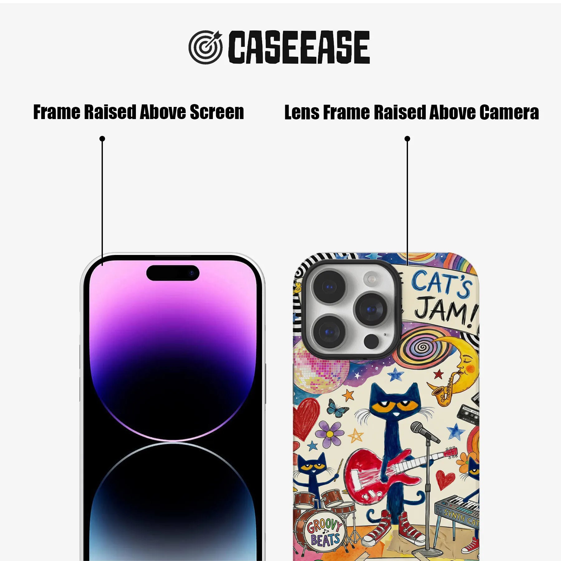 Colorful Cat’s Jam phone case front and back showing raised screen and camera frames