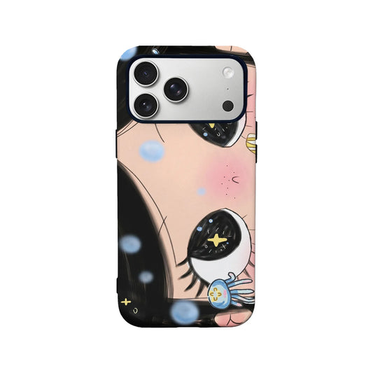 Pink anime eye phone case, rear view with black edges and camera cutout