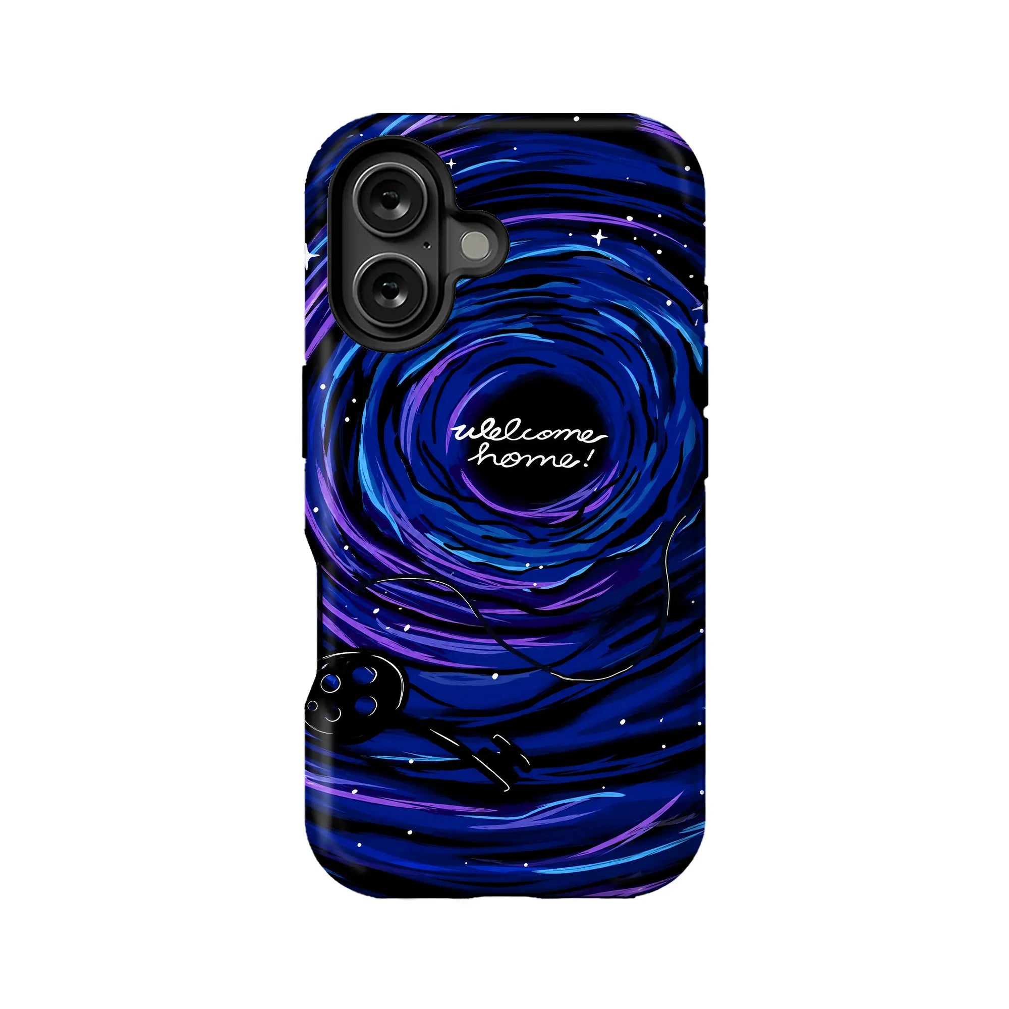 Blue purple galaxy phone case with welcome home text, rear product view