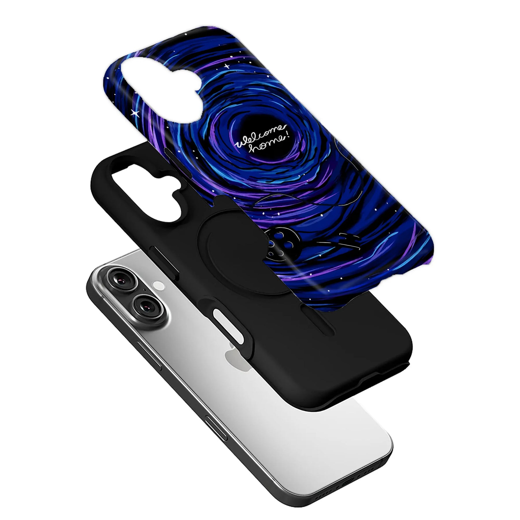 Blue galaxy welcome home phone case shown angled above black inner shell