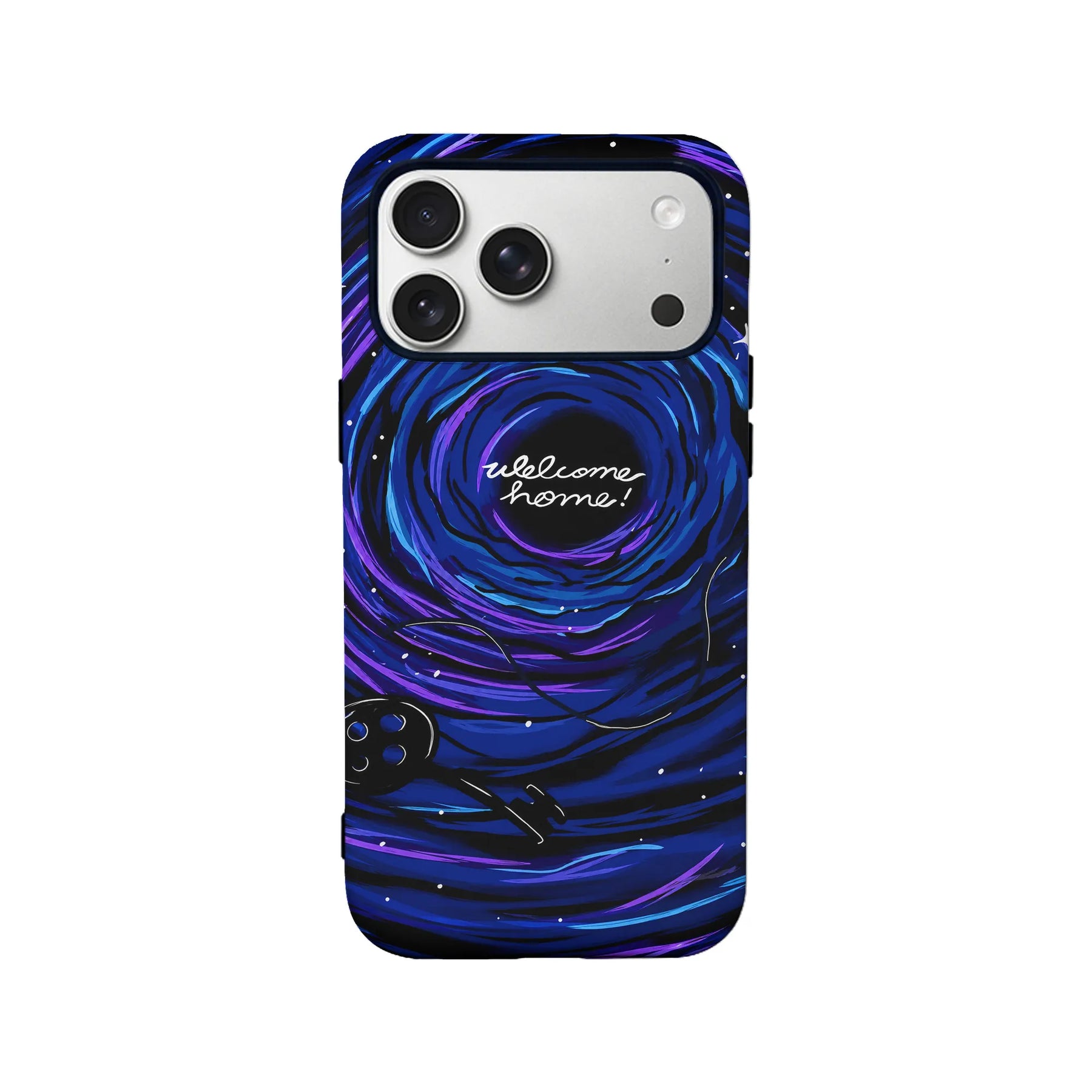 Blue and purple illustrated vortex phone case, rear view with welcome home text