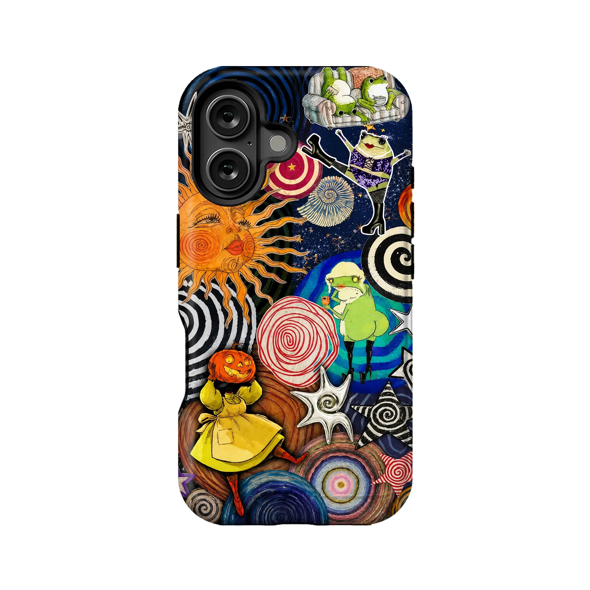 Colorful surreal illustrated phone case with frogs, sun, spirals, back angle for Shopify product