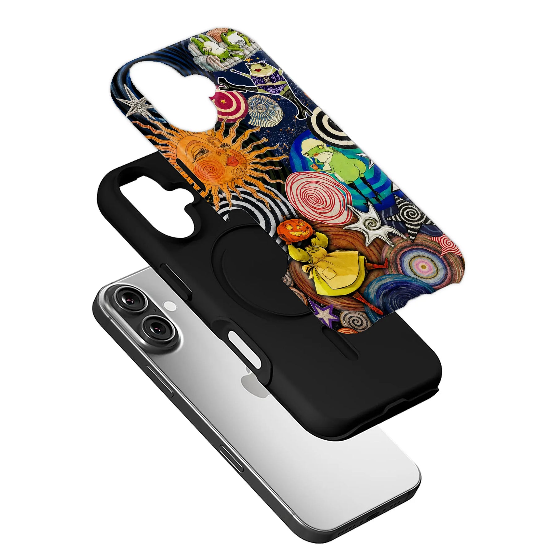 Black phone case with colorful surreal artwork, angled above smartphone for product display